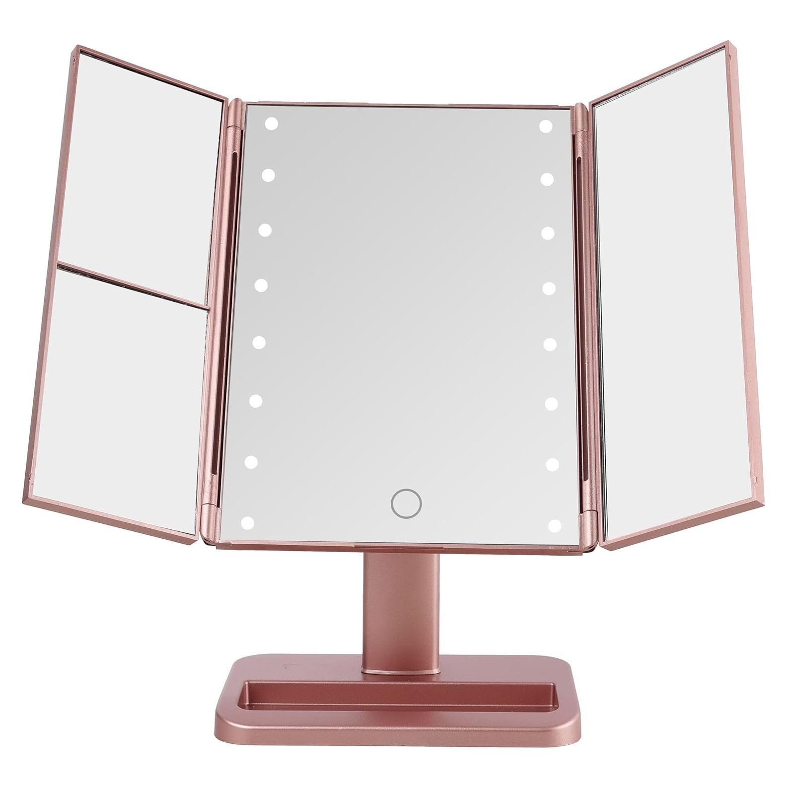Espejo de Maquillaje LED Plegable MELANNCO Rosa Oro 3 Aumentos