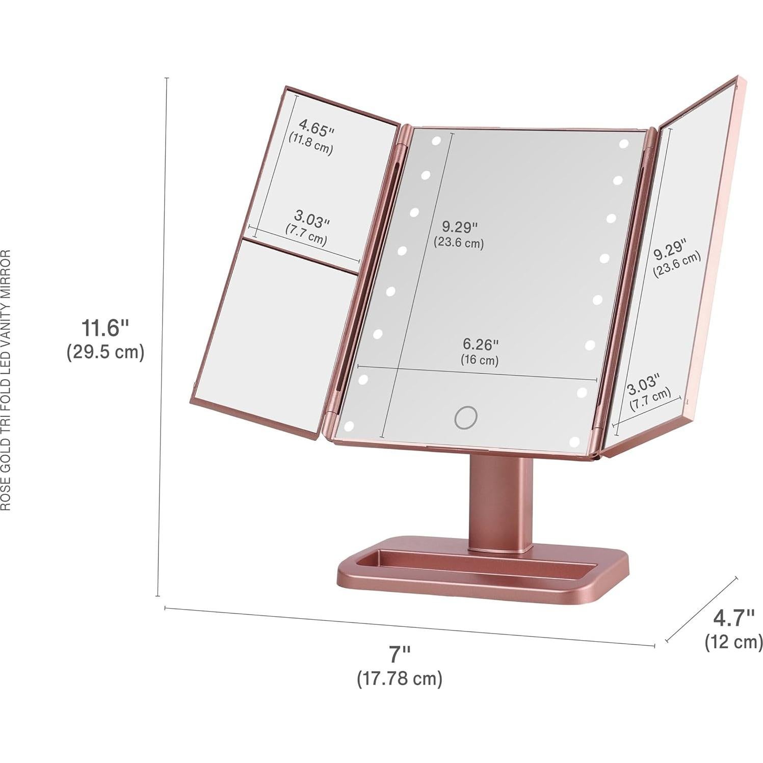 Espejo de Maquillaje LED Plegable MELANNCO Rosa Oro 3 Aumentos