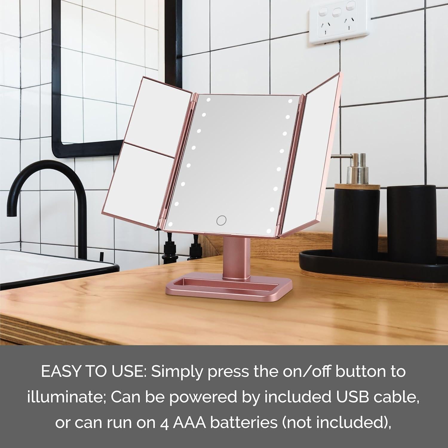 Espejo de Maquillaje LED Plegable MELANNCO Rosa Oro 3 Aumentos