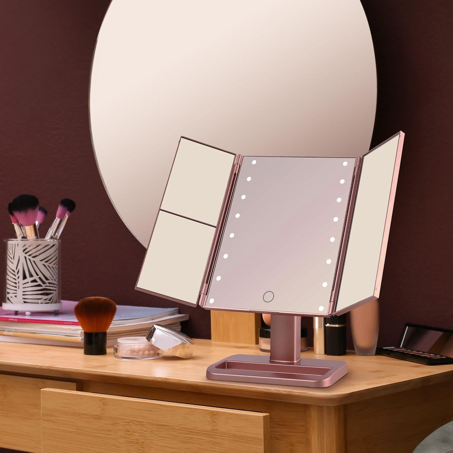 Espejo de Maquillaje LED Plegable MELANNCO Rosa Oro 3 Aumentos