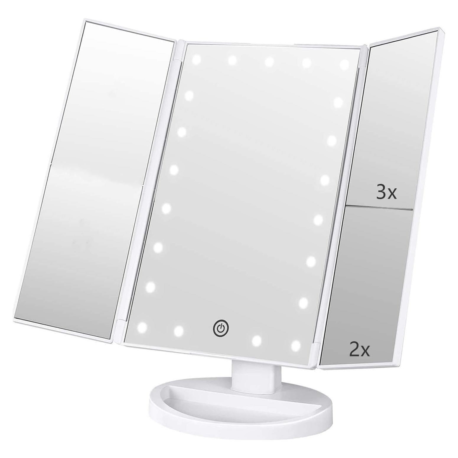 Trifold Makeup Mirror Vanity Mirror with Lights,1X 2X 3X Magnification,Touch Screen,180 Adjustable Rotation,Portable Travel Bathroom Cosmetic Mirror