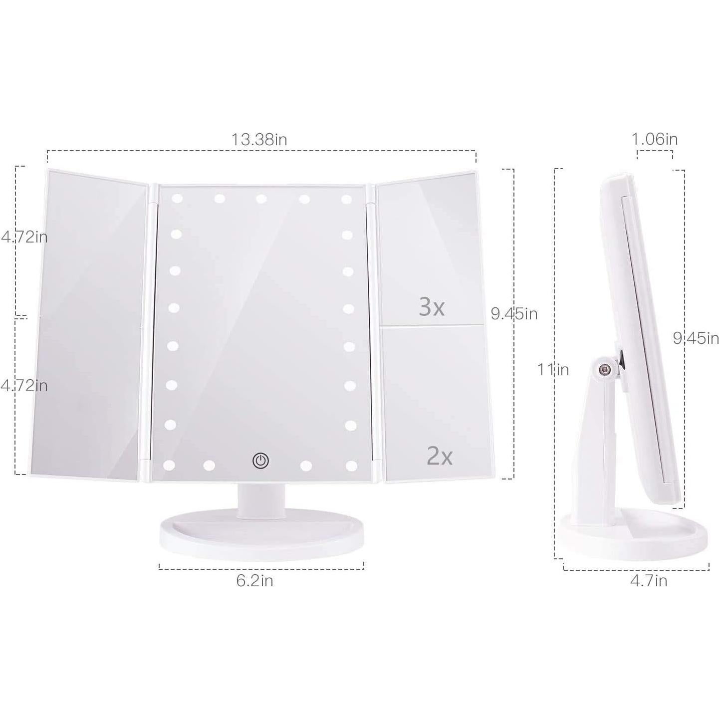 Trifold Makeup Mirror Vanity Mirror with Lights,1X 2X 3X Magnification,Touch Screen,180 Adjustable Rotation,Portable Travel Bathroom Cosmetic Mirror