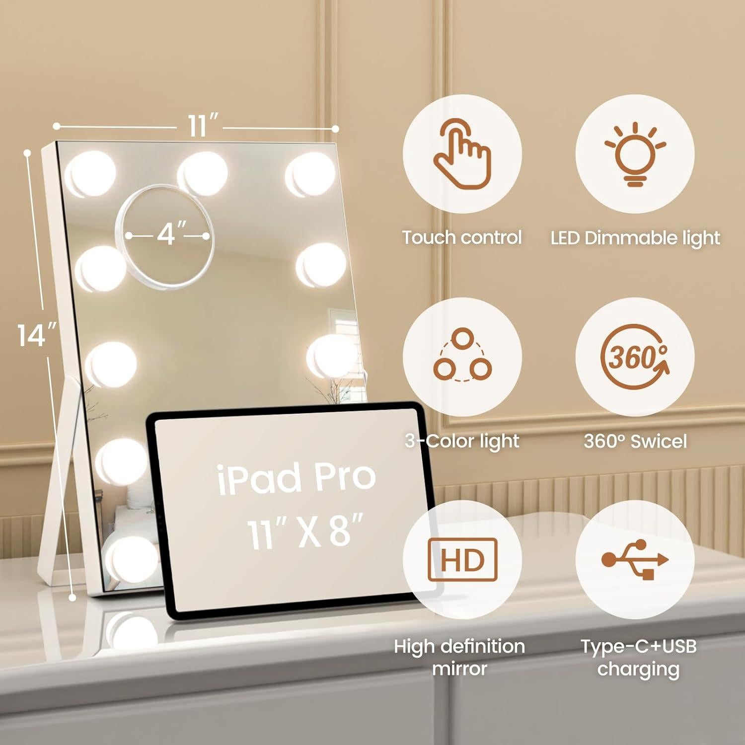 Espejo de Maquillaje Iluminado AJJSSA 36x28cm 10X Aumento