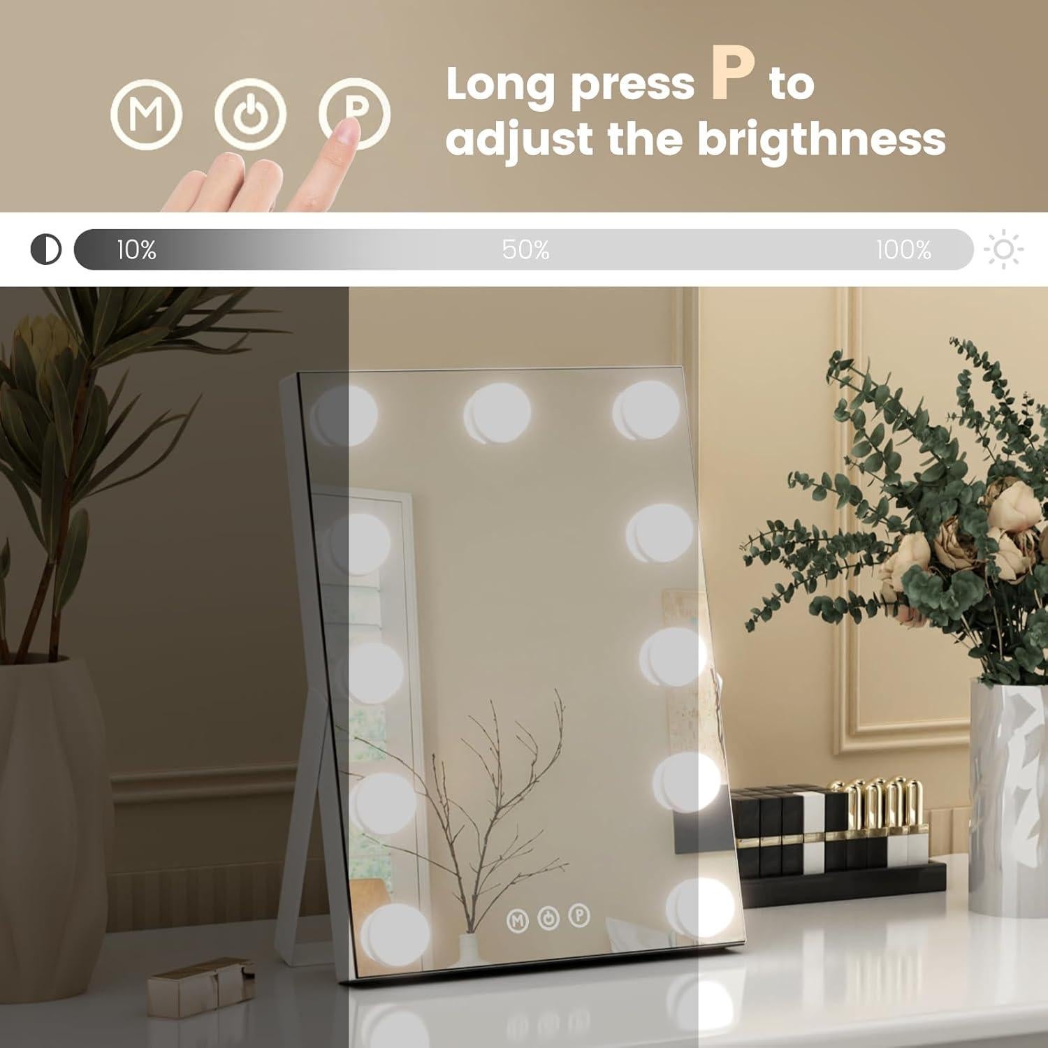 Espejo de Maquillaje Iluminado AJJSSA 36x28cm 10X Aumento