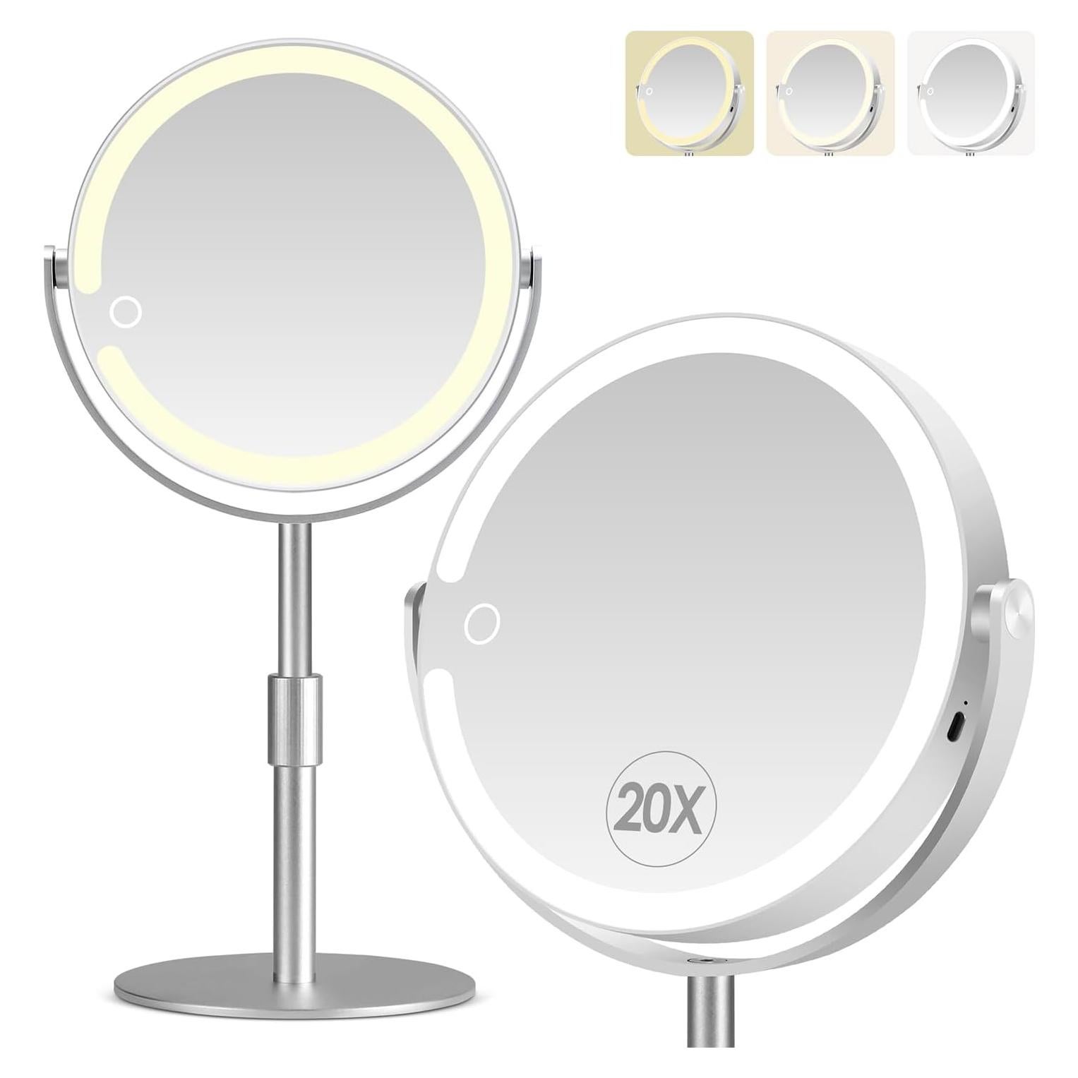 Espejo de Maquillaje Iluminado PEDOMIROR 20X Ajustable Plata