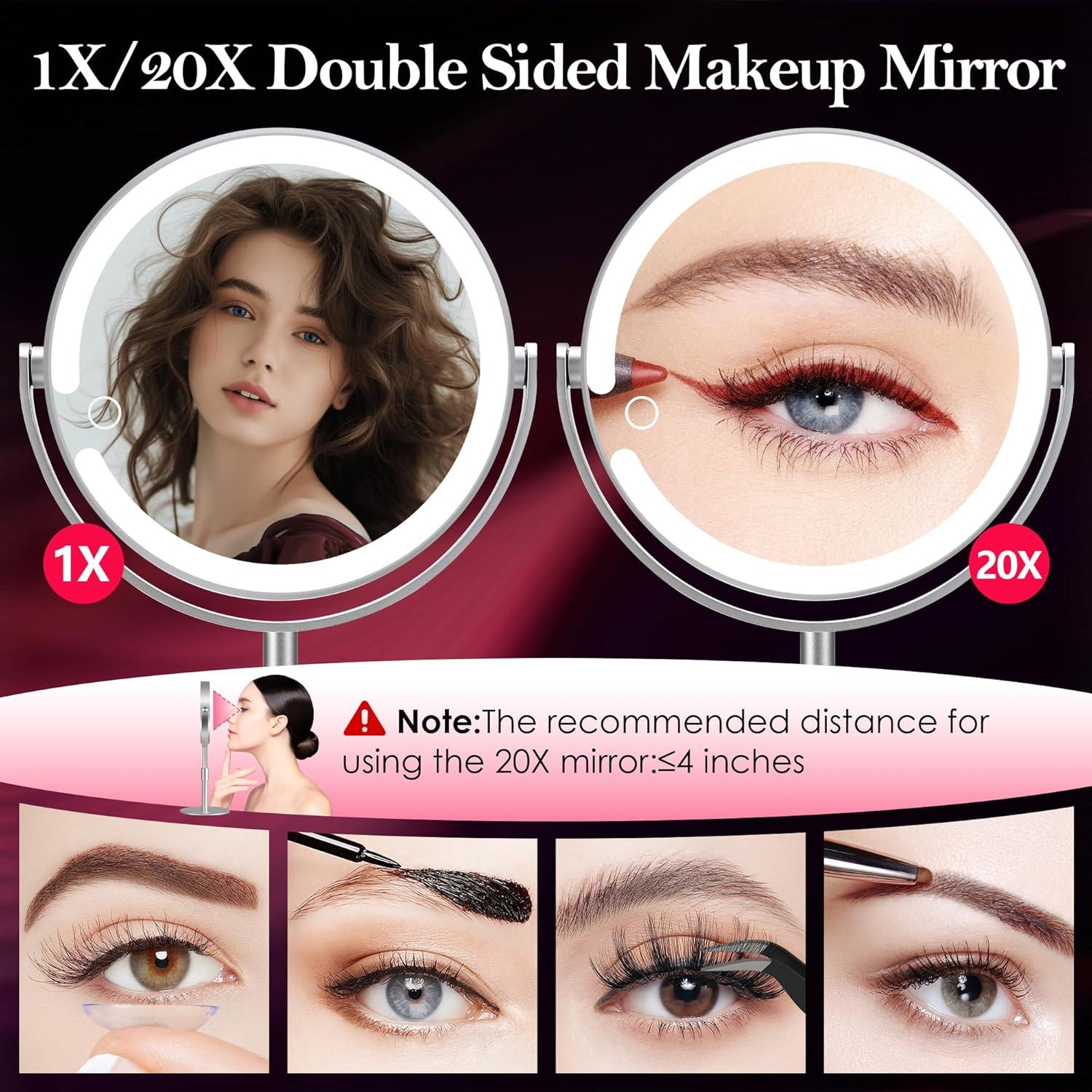 Espejo de Maquillaje Iluminado PEDOMIROR 20X Ajustable Plata