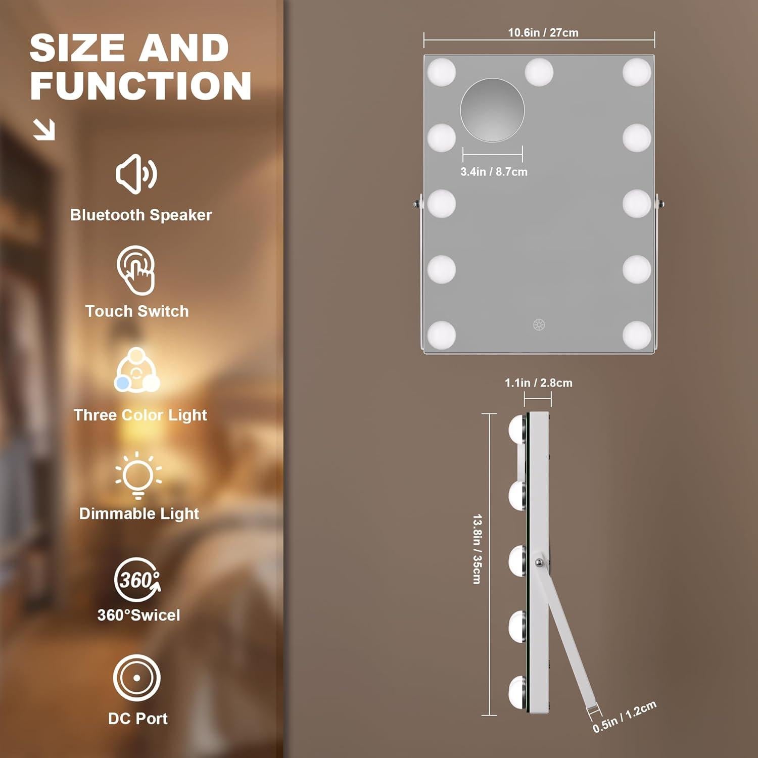 Espejo de Tocador MINISO con Luces y Altavoz Bluetooth 28x36 cm