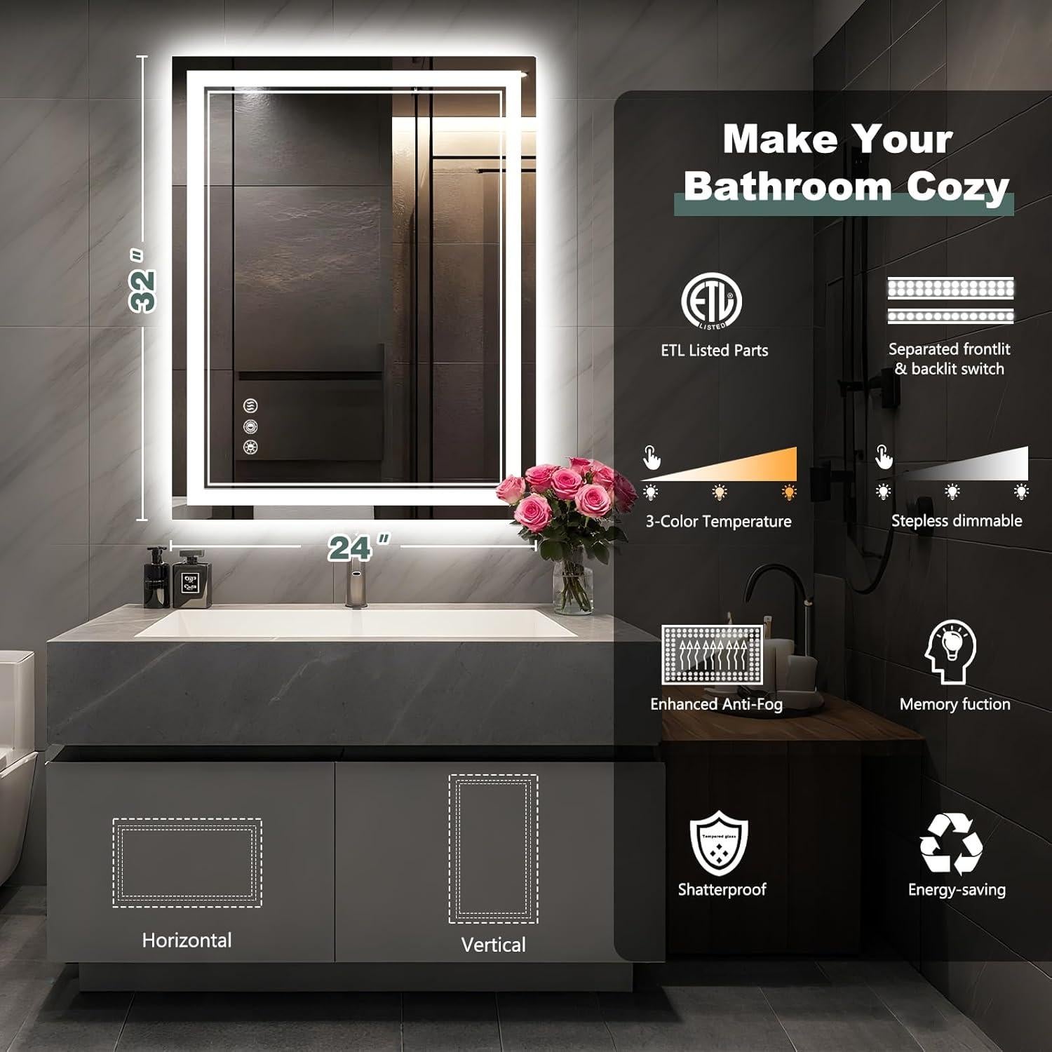 Espejo de Baño LED KQTULH 80x60 cm Antivaho Regulable