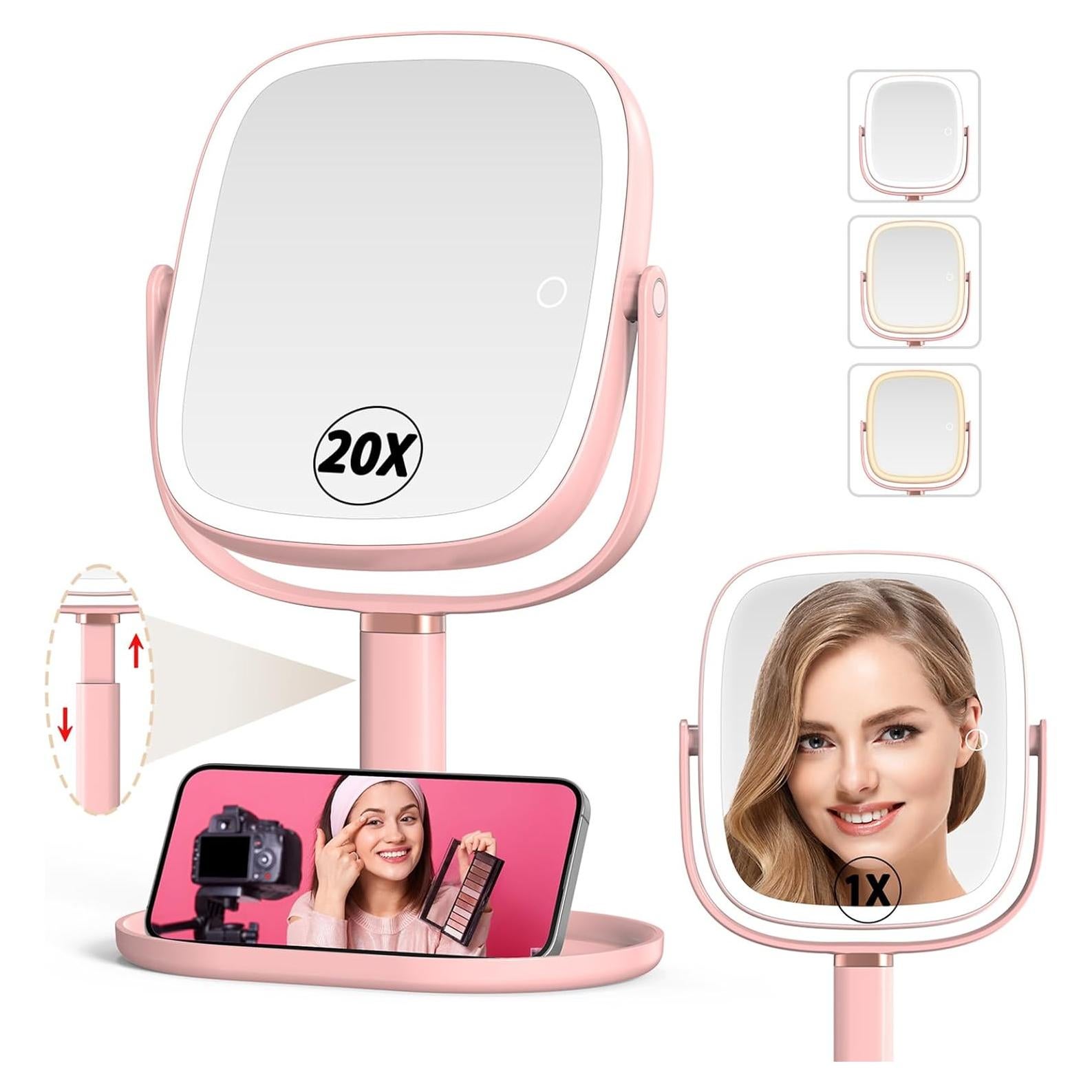 Espejo de Maquillaje Mocado 1X/20X Iluminado Rosa Ajustable