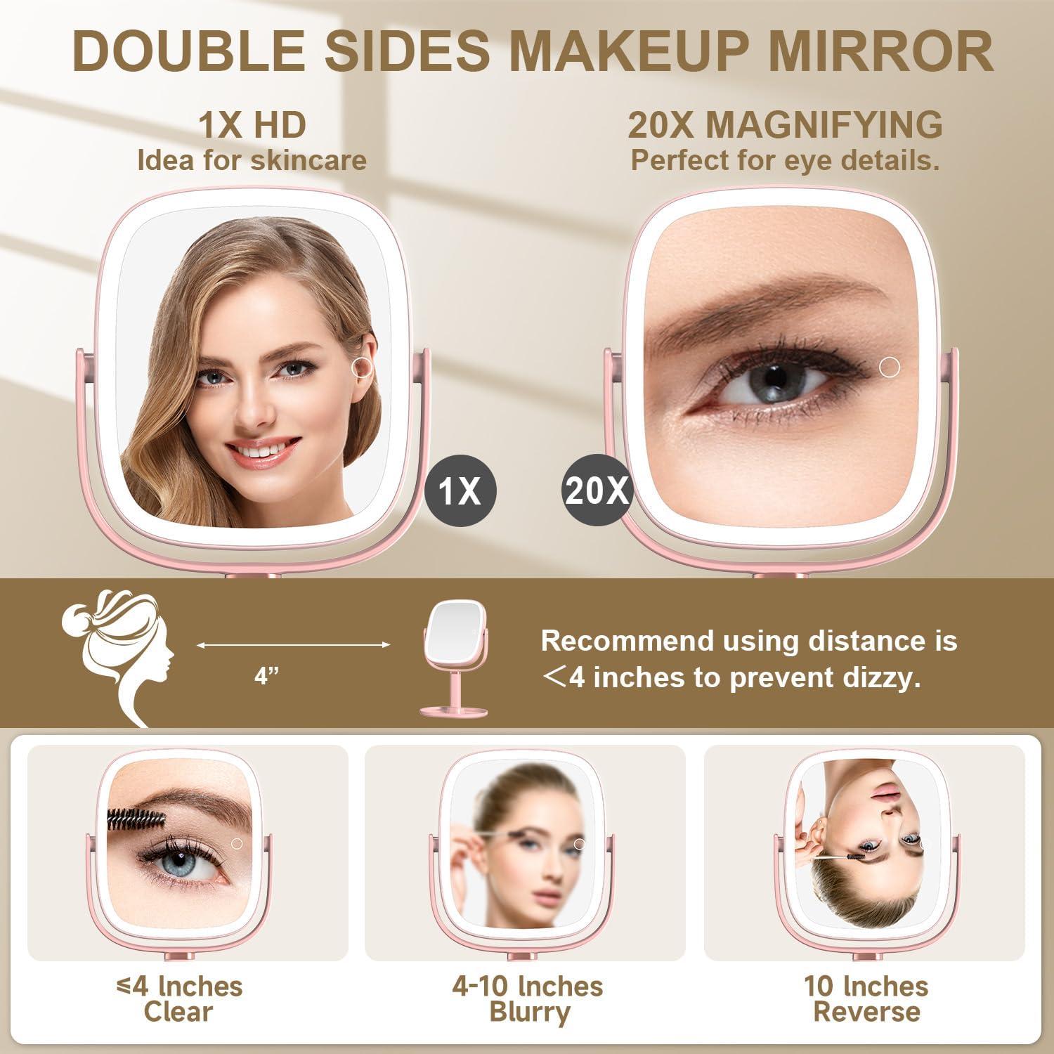 Espejo de Maquillaje Mocado 1X/20X Iluminado Rosa Ajustable