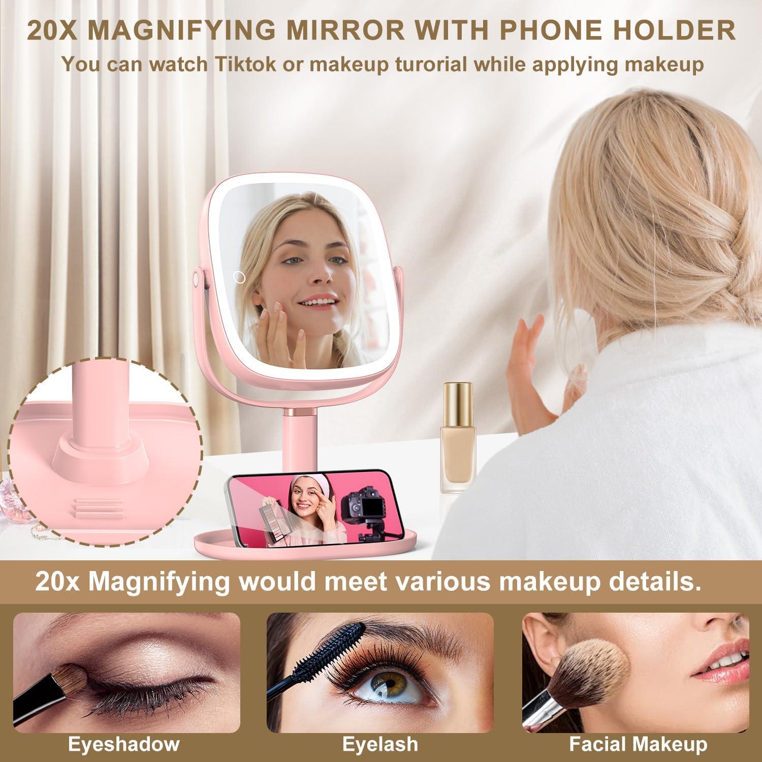 Espejo de Maquillaje Mocado 1X/20X Iluminado Rosa Ajustable