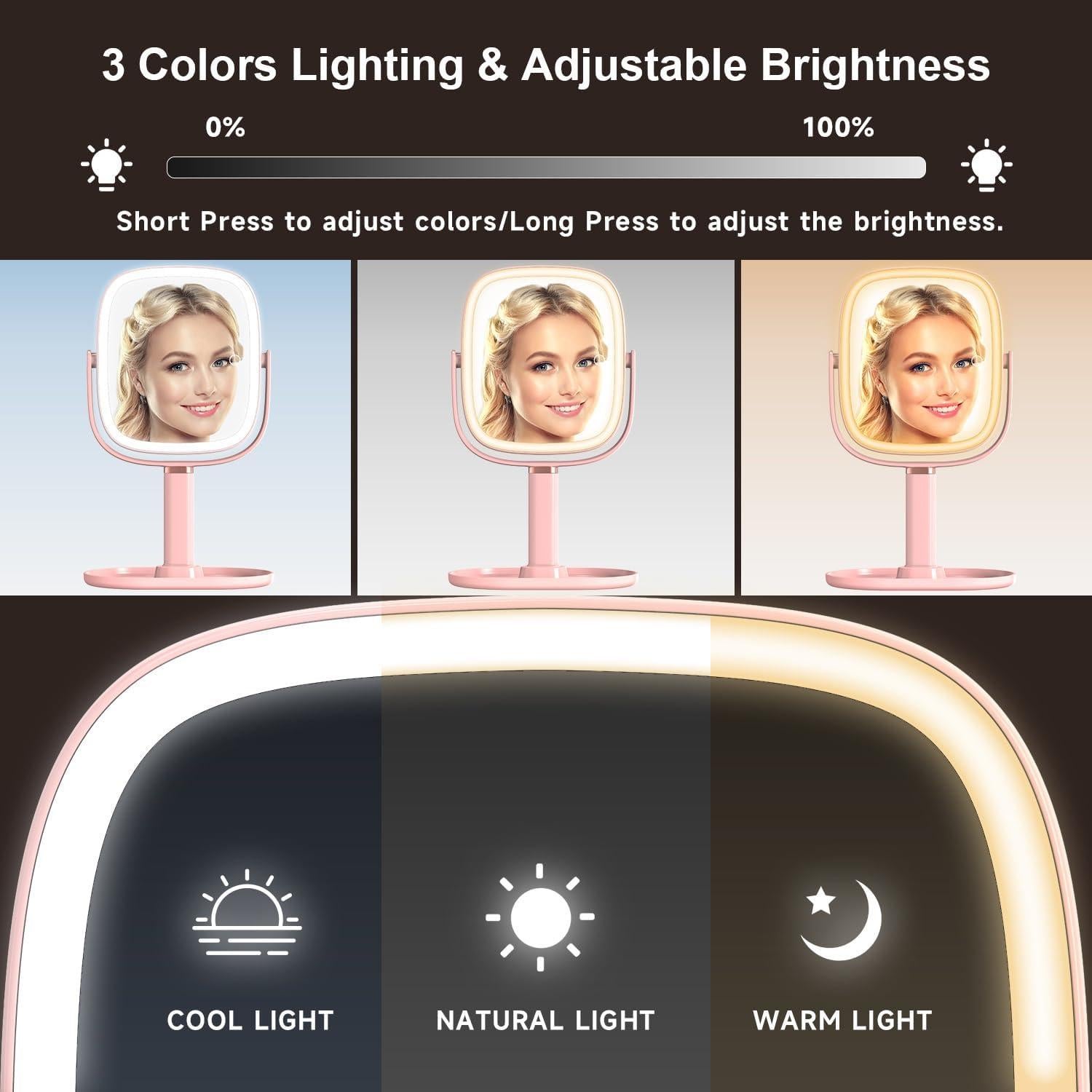 Espejo de Maquillaje Mocado 1X/20X Iluminado Rosa Ajustable