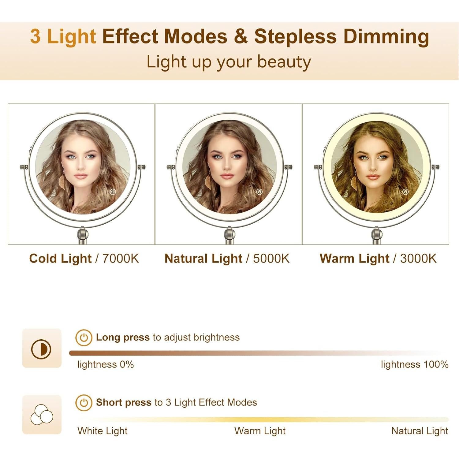 Espejo de Maquillaje Iluminado ZLOKLA 9" Doble Cara 1X/10X