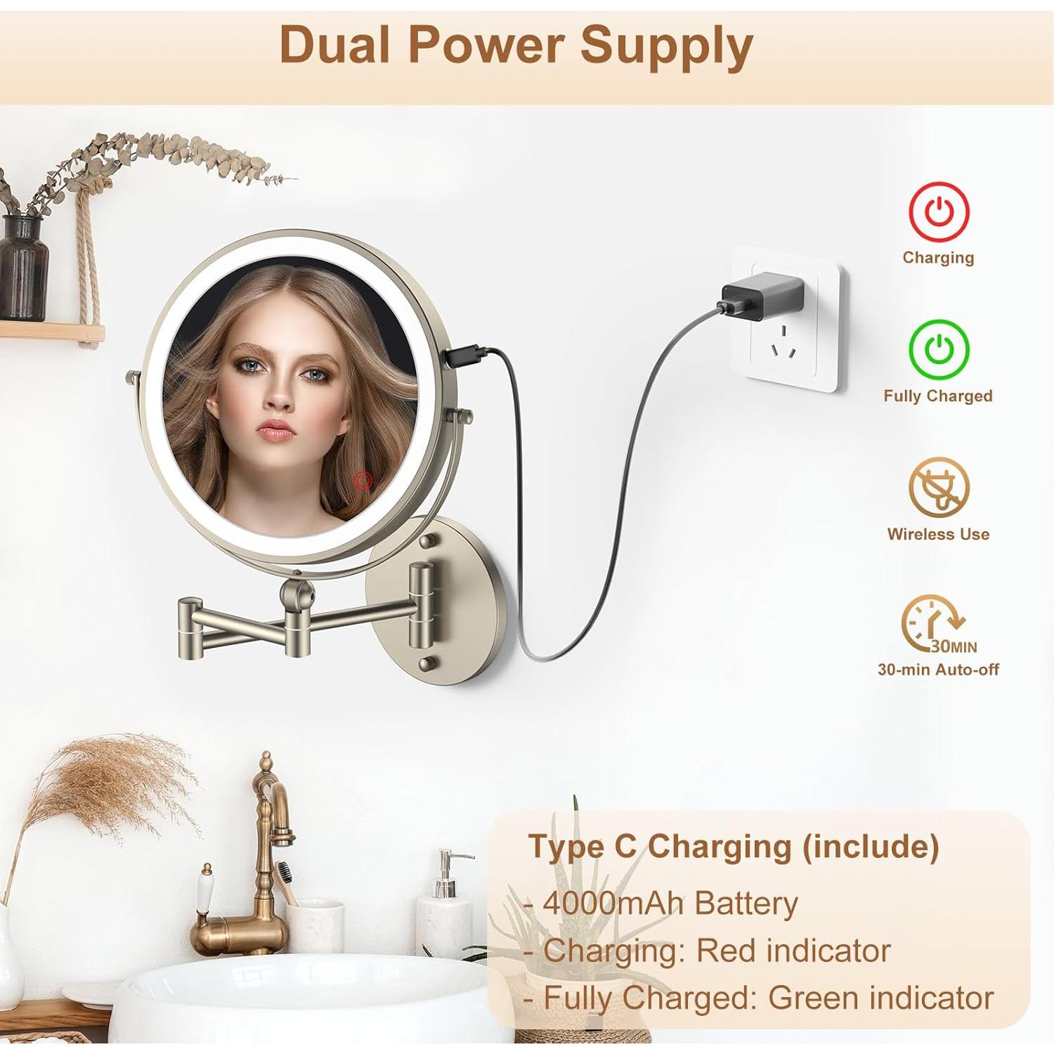 Espejo de Maquillaje Iluminado ZLOKLA 9" Doble Cara 1X/10X