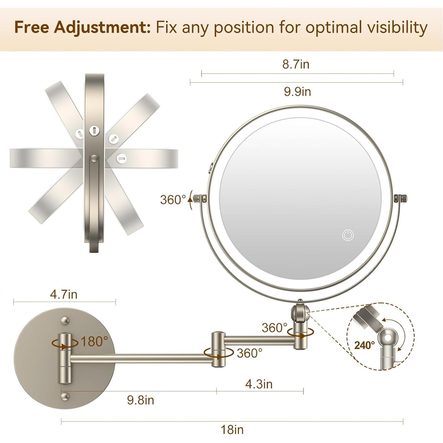 Espejo de Maquillaje Iluminado ZLOKLA 9" Doble Cara 1X/10X