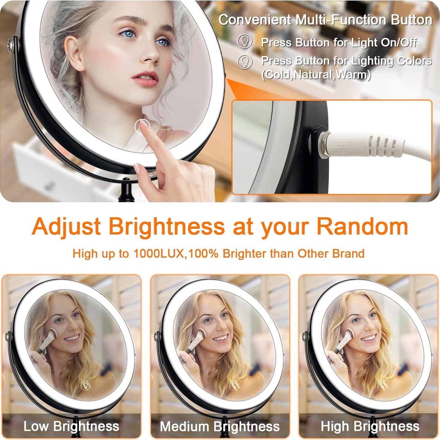 Espejo de Maquillaje Iluminado AMZTOLIFE 20 cm 1X/10X Negro