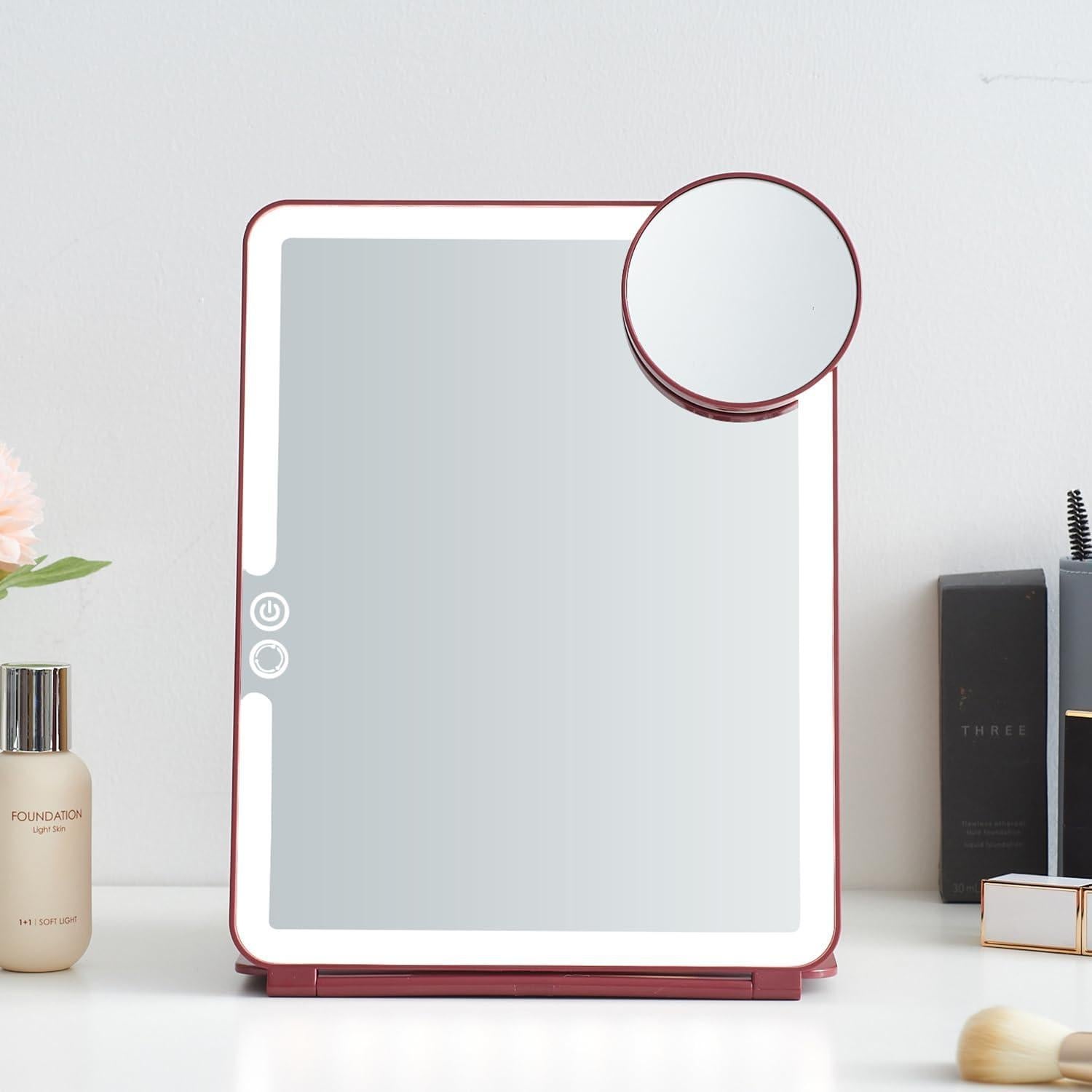 Espejo de Maquillaje LED Mocado 18x23 cm Plegable Rojo Vino