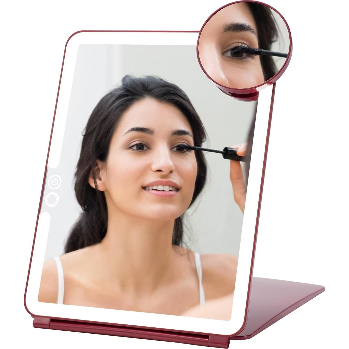 Espejo de Maquillaje LED Mocado 18x23 cm Plegable Rojo Vino