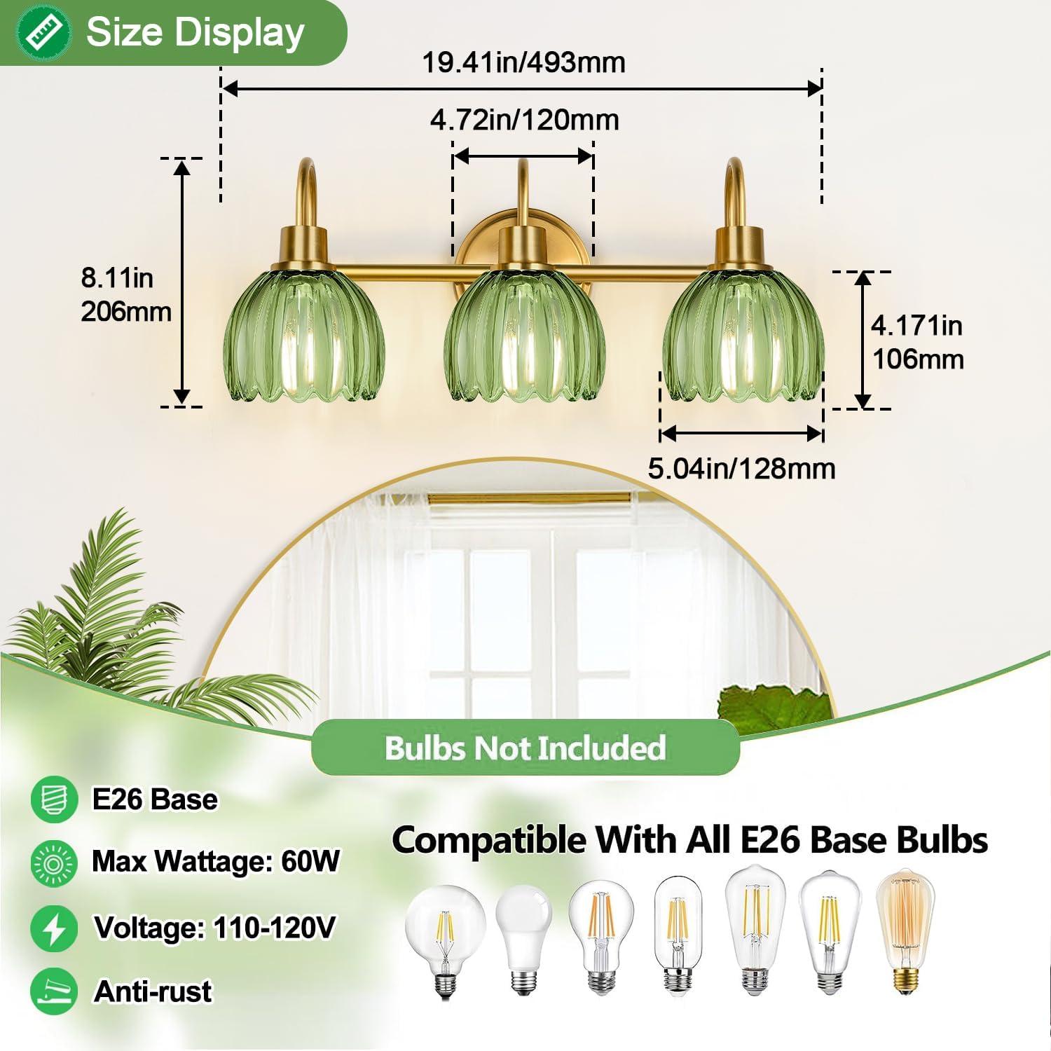 Aplique de Luz de Baño Meybiok 50.8 cm Oro Verde Tulipán