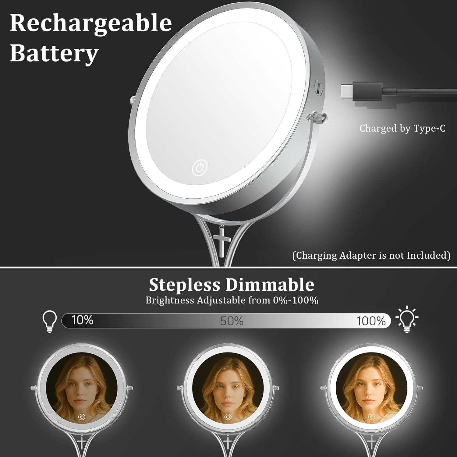 Espejo de Maquillaje Iluminado LANSI 7" Aumento 1X/10X Ajustable