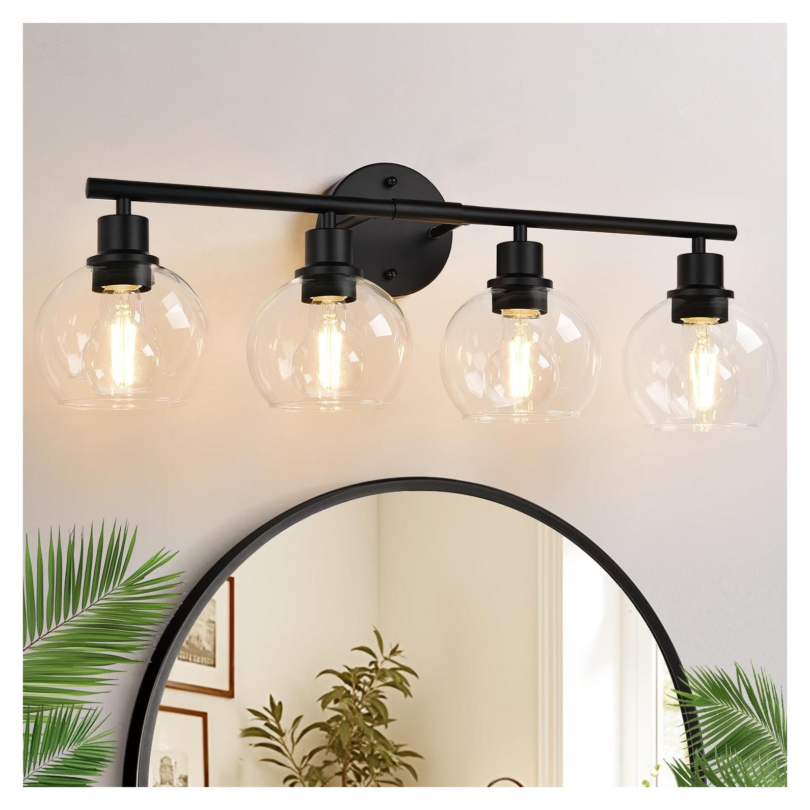 Luz de Baño 4 Luces Indoi Negra Mate con Pantallas de Vidrio