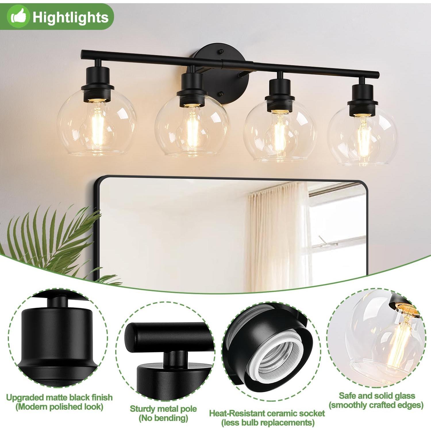 Luz de Baño 4 Luces Indoi Negra Mate con Pantallas de Vidrio