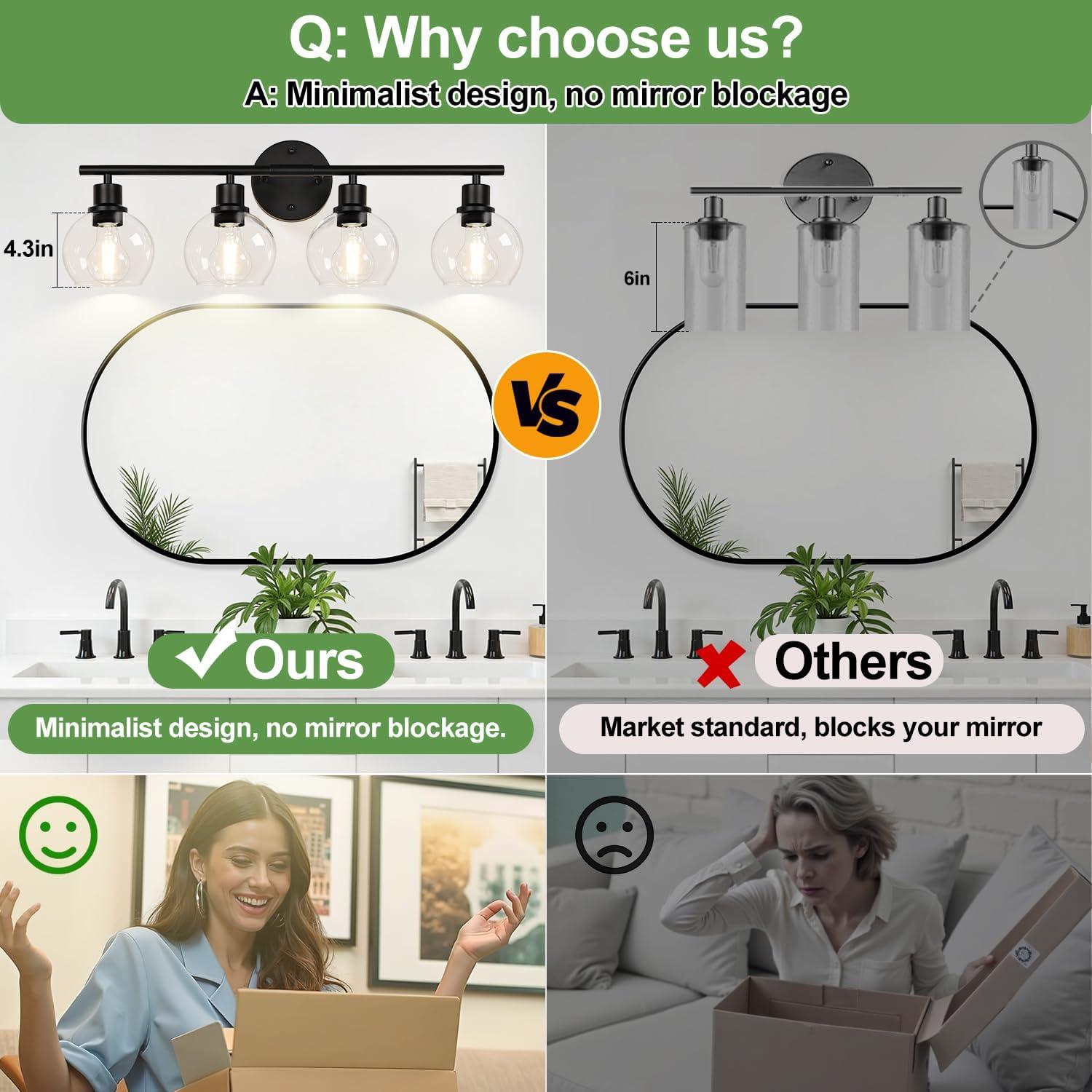 Luz de Baño 4 Luces Indoi Negra Mate con Pantallas de Vidrio