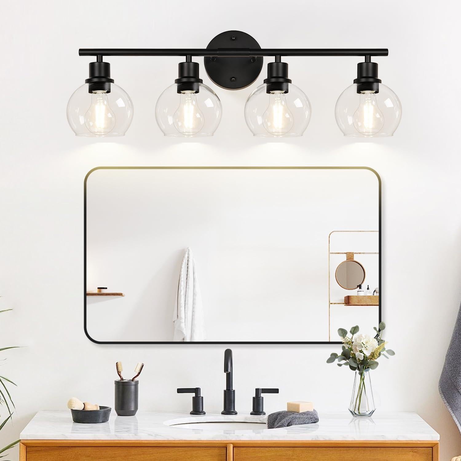 Luz de Baño 4 Luces Indoi Negra Mate con Pantallas de Vidrio