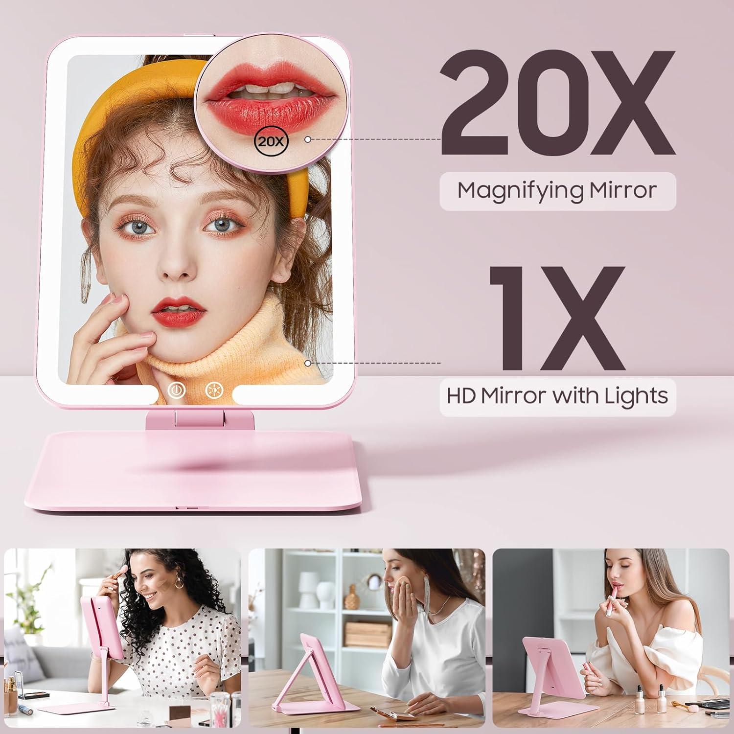 Espejo de Maquillaje Plegable Benbilry LED 20X Aumento Rosa
