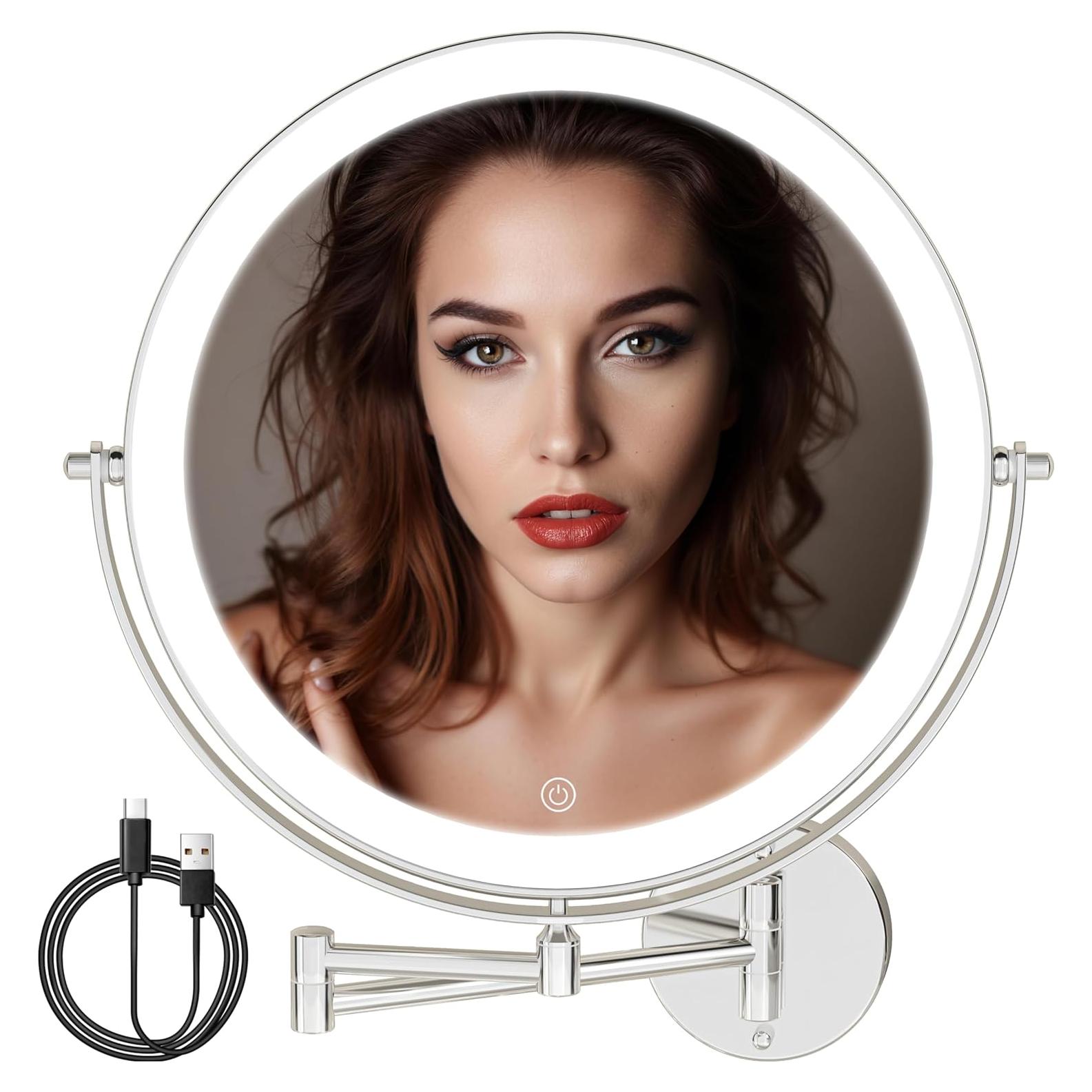 10" Wall Mounted Makeup Mirror with Light, 3000mAh Rechargeable Double Sided 1X / 7X Magnifying Vanity Mirror, 3 Color Lights Touch Dimmable 360° Rotation Bathroom Mirror, Chrome