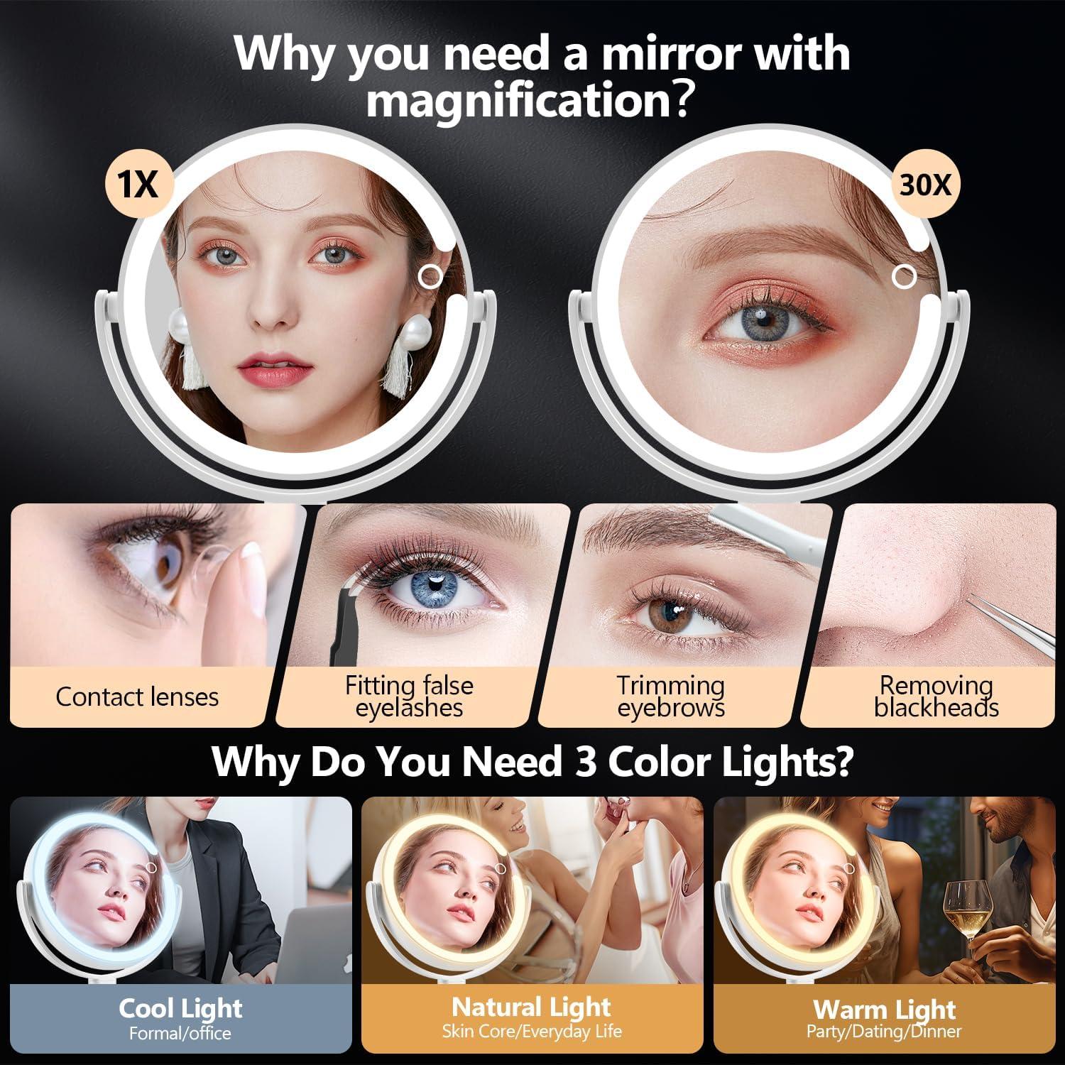 Espejo de Maquillaje Iluminado MIYADIVA 30X Ajustable Blanco