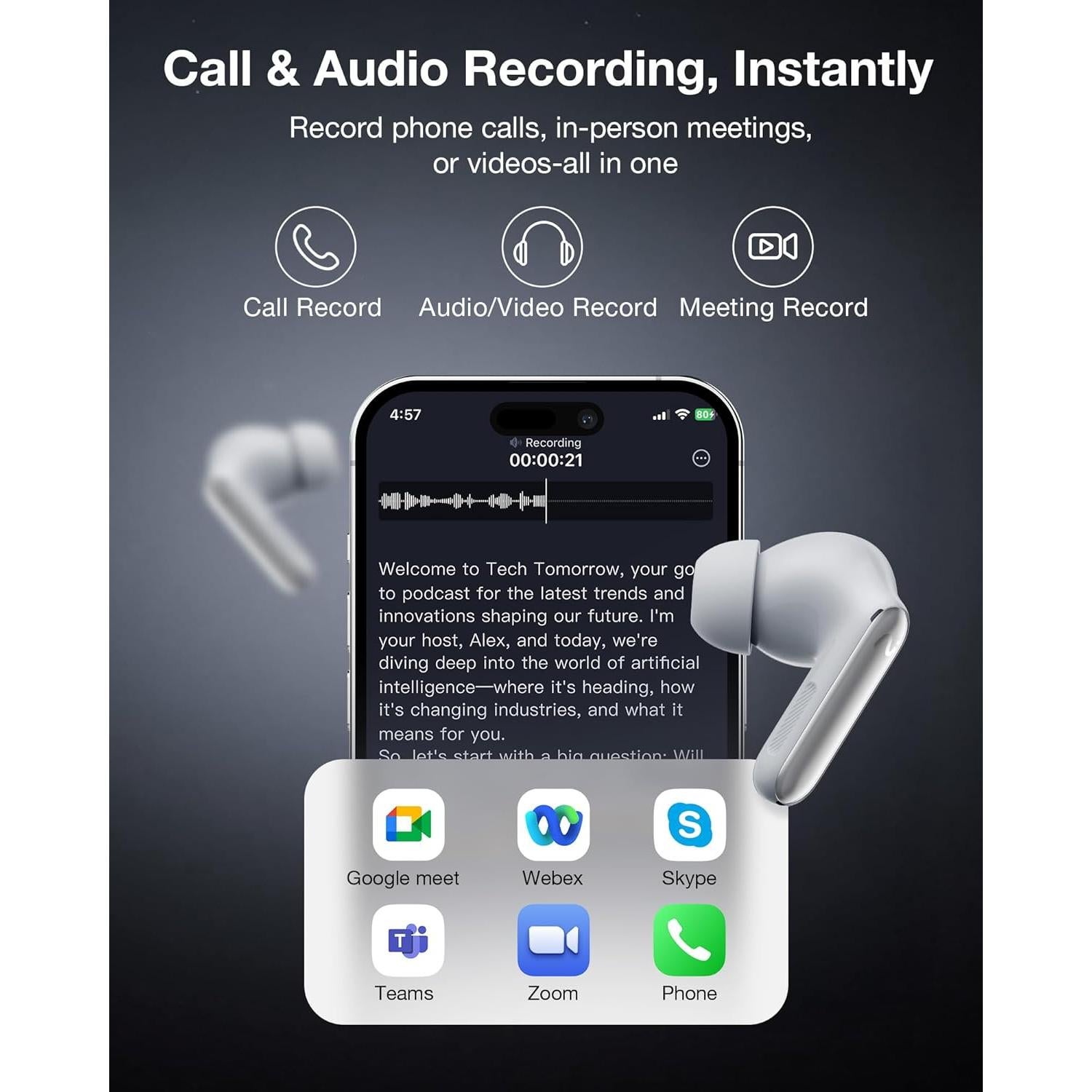 Auriculares AI RecDot viaim Plata con Grabadora de Voz y ANC 48dB