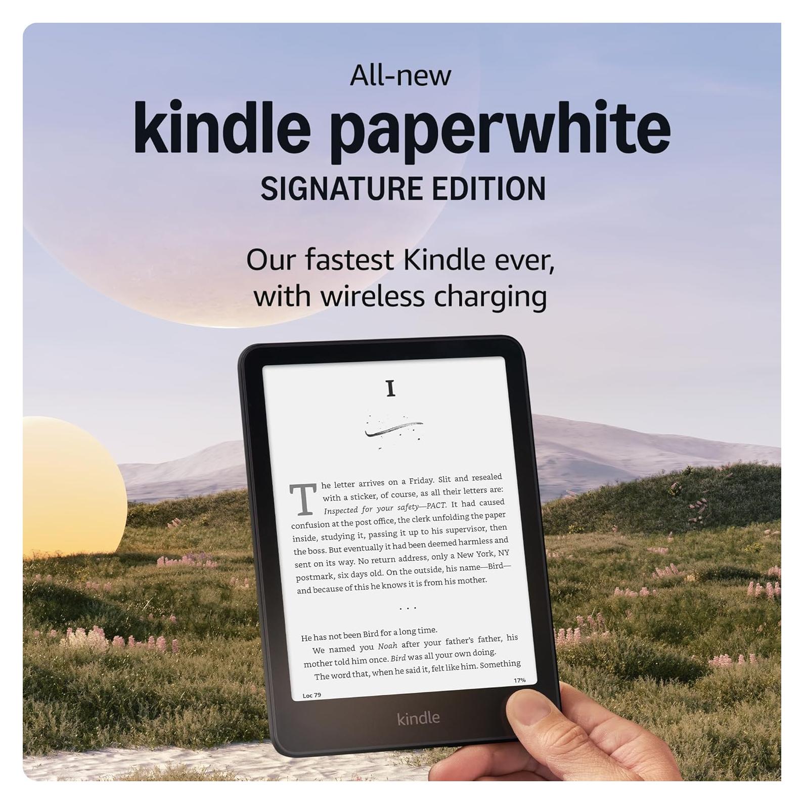 Kindle Paperwhite Signature Edition Essentials Bundle including All-new Kindle Paperwhite Signature Edition (32GB) - Black, Fabric Cover - Black, and Wireless Charging Dock