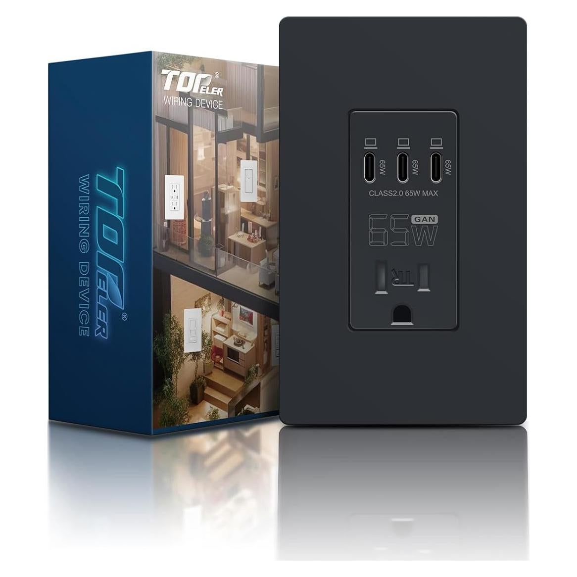 Enchufe de pared USB TOPELER 65W Negro 15A Carga Rápida