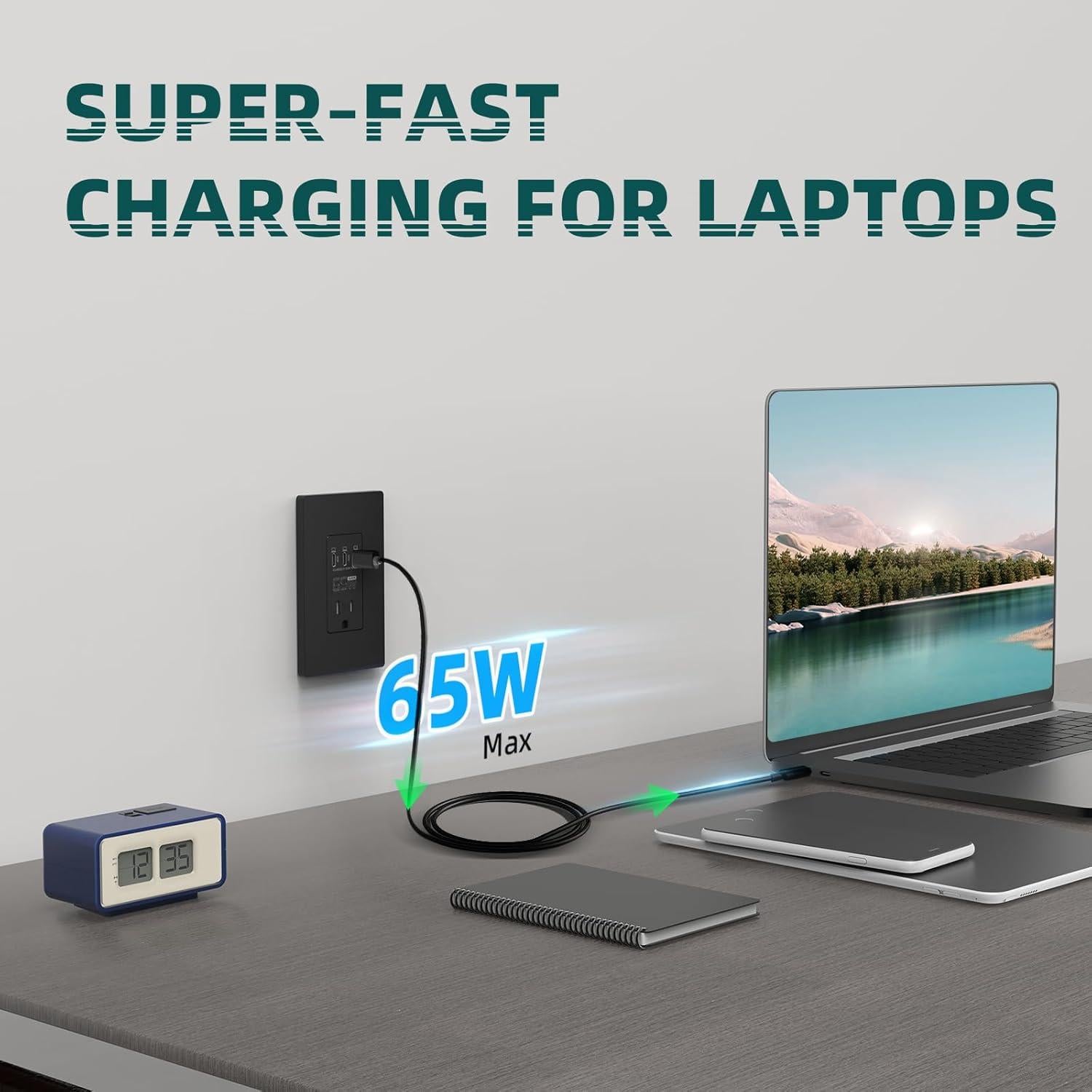 Enchufe de pared USB TOPELER 65W Negro 15A Carga Rápida