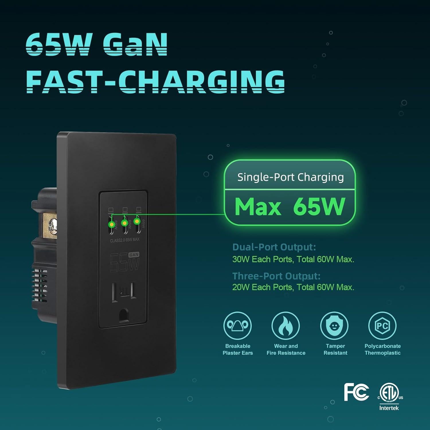 Enchufe de pared USB TOPELER 65W Negro 15A Carga Rápida