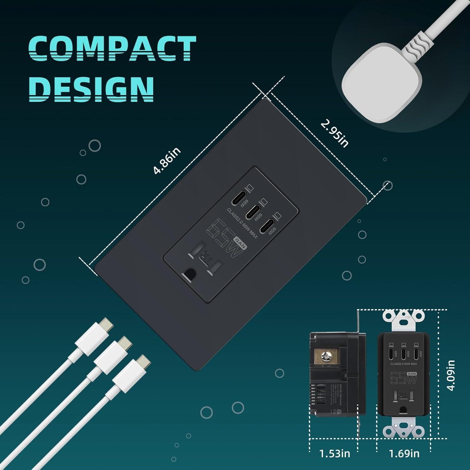 Enchufe de pared USB TOPELER 65W Negro 15A Carga Rápida