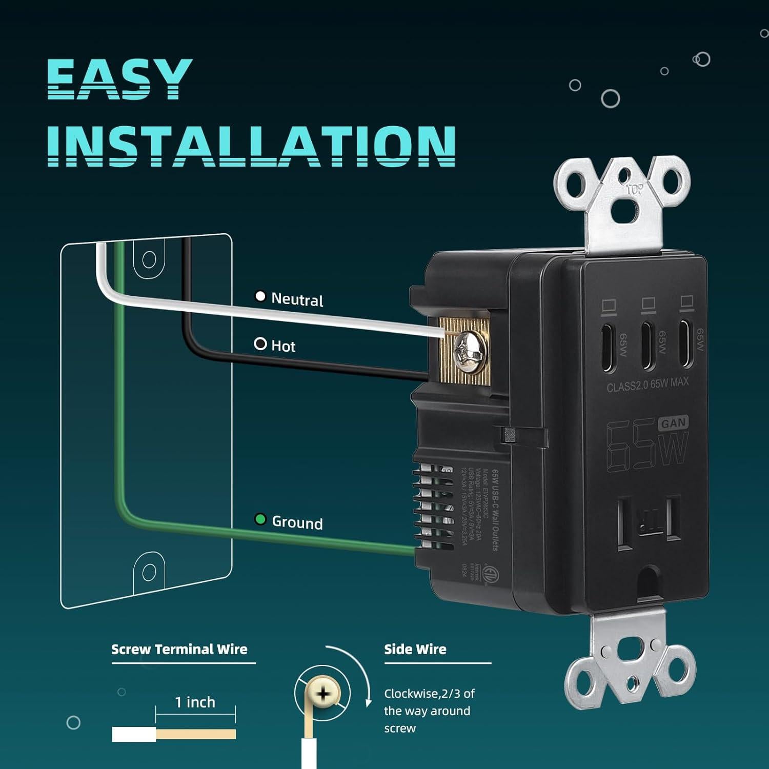 Enchufe de pared USB TOPELER 65W Negro 15A Carga Rápida