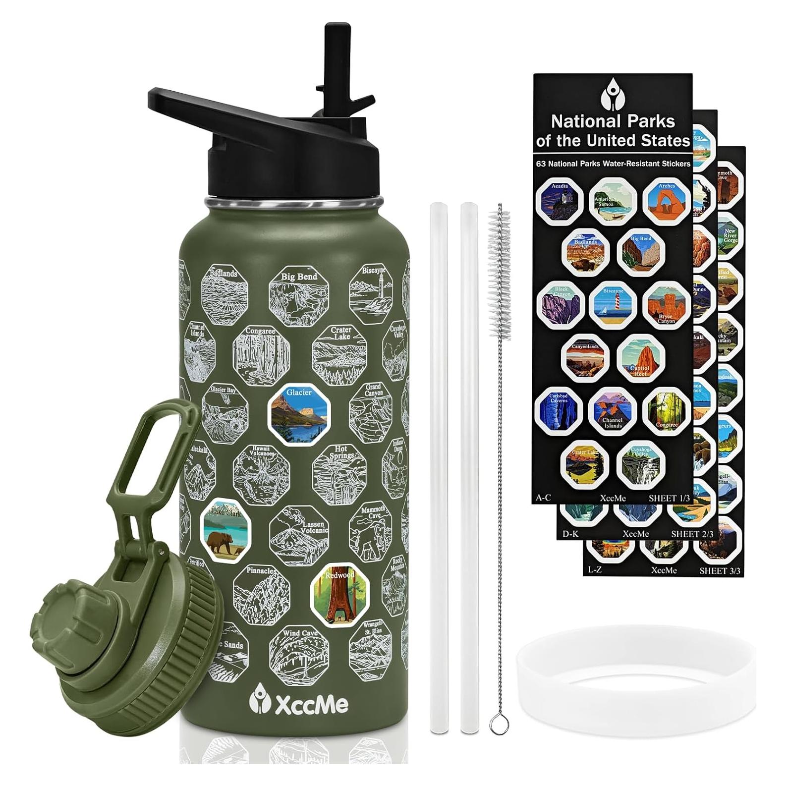 Botella de Agua Aislada XccMe 32 oz Verde Militar con Calcomanías
