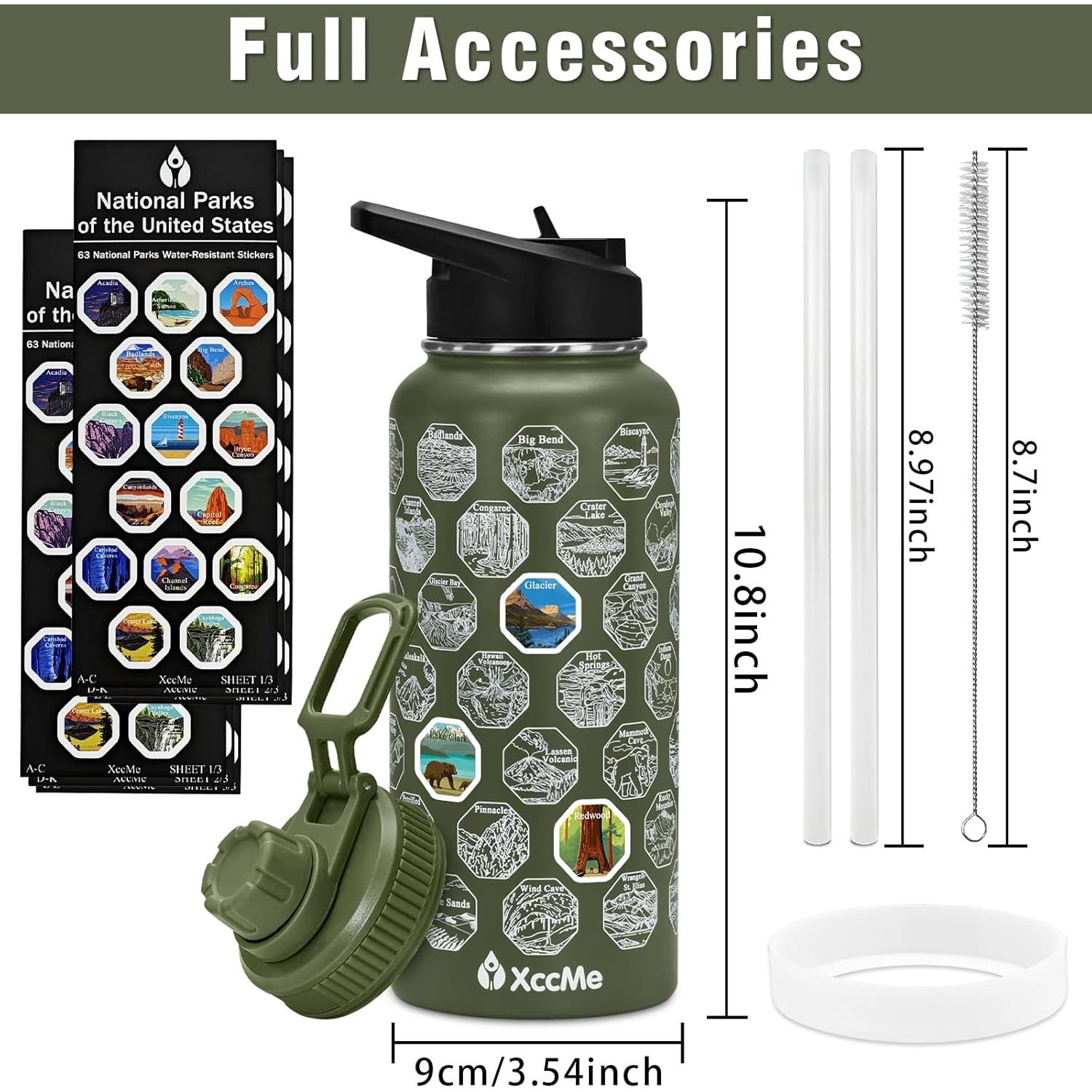 Botella de Agua Aislada XccMe 32 oz Verde Militar con Calcomanías