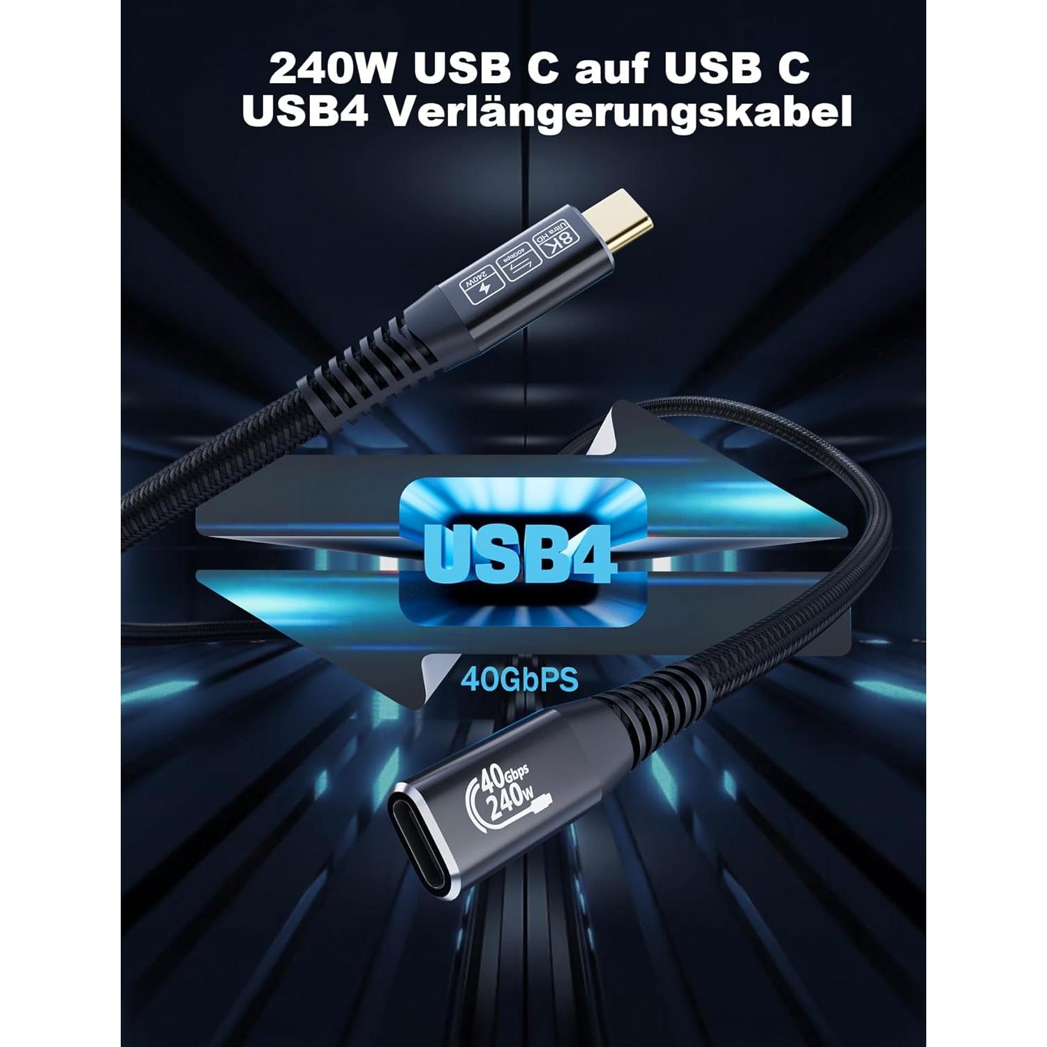 Cable de Extensión USB4 HOTUTUKI 2.15m 40Gbps 8K 240W