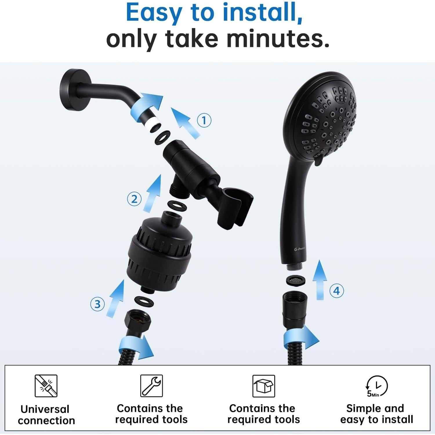 Cabezal de Ducha Filtrado G-Promise 6 Configuraciones Negro Mate