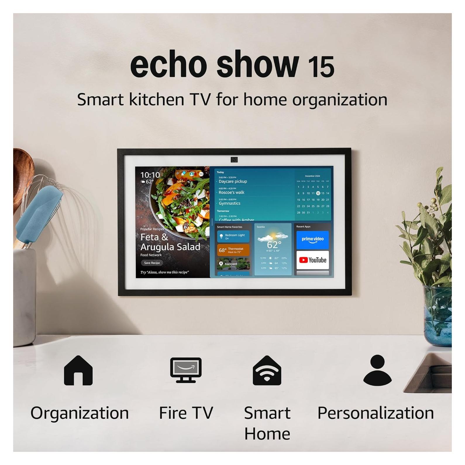 Amazon Echo Show 15 (newest model), Full HD 15.6" kitchen hub for home organization, with built-in Fire TV and Alexa