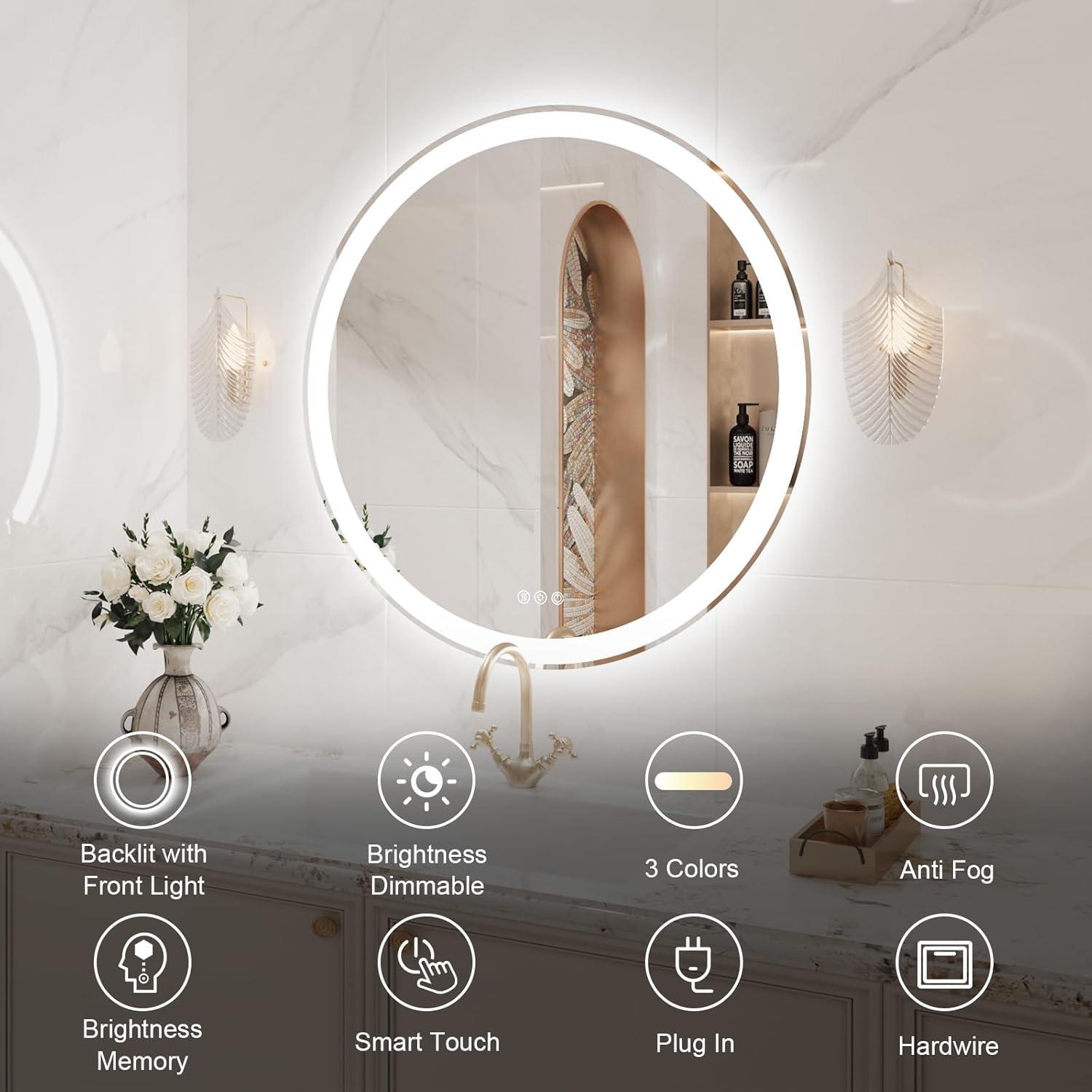 Espejo LED Redondo 91 cm WOSEKBATHAL con Luz Regulable y Anti-Vaho