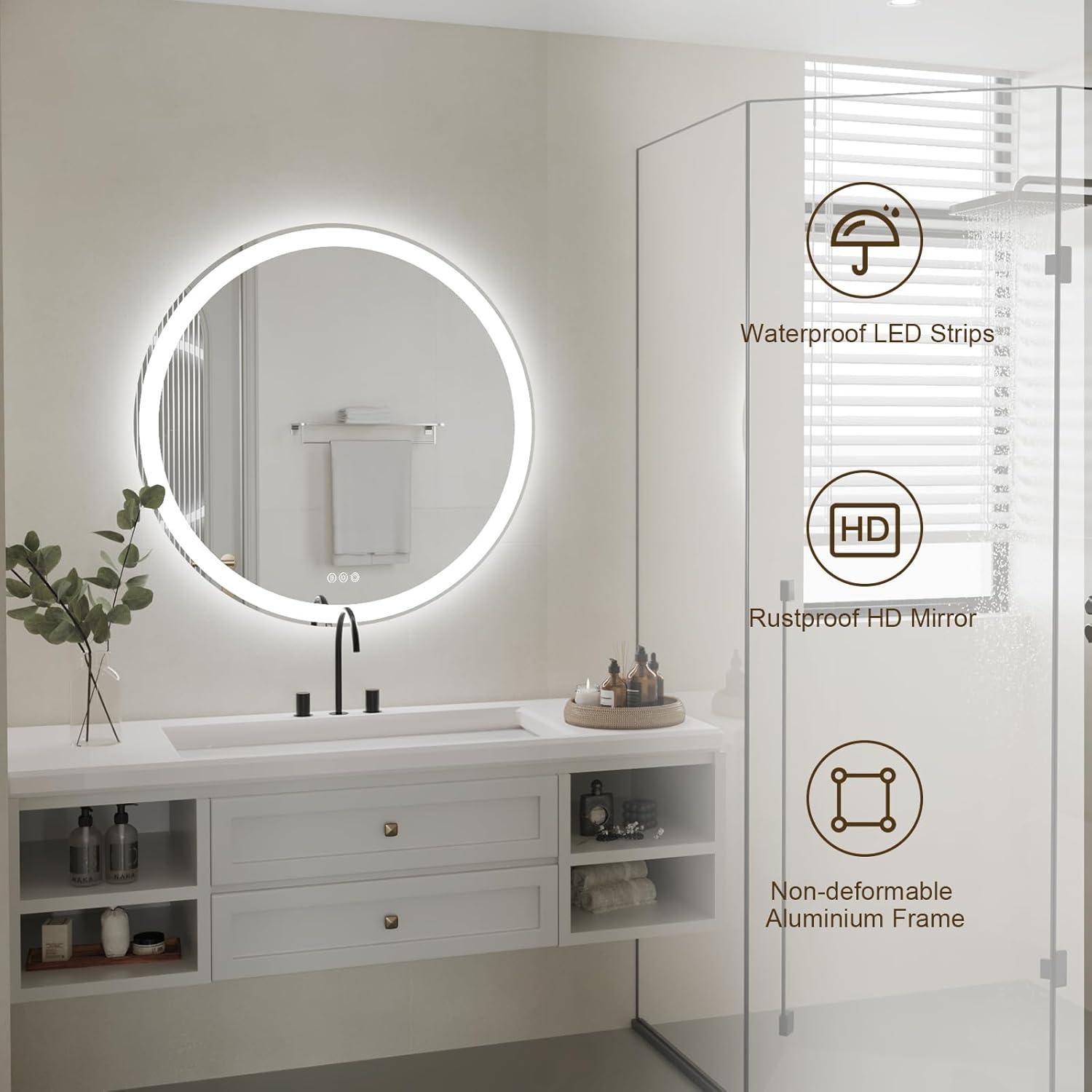 Espejo LED Redondo 91 cm WOSEKBATHAL con Luz Regulable y Anti-Vaho