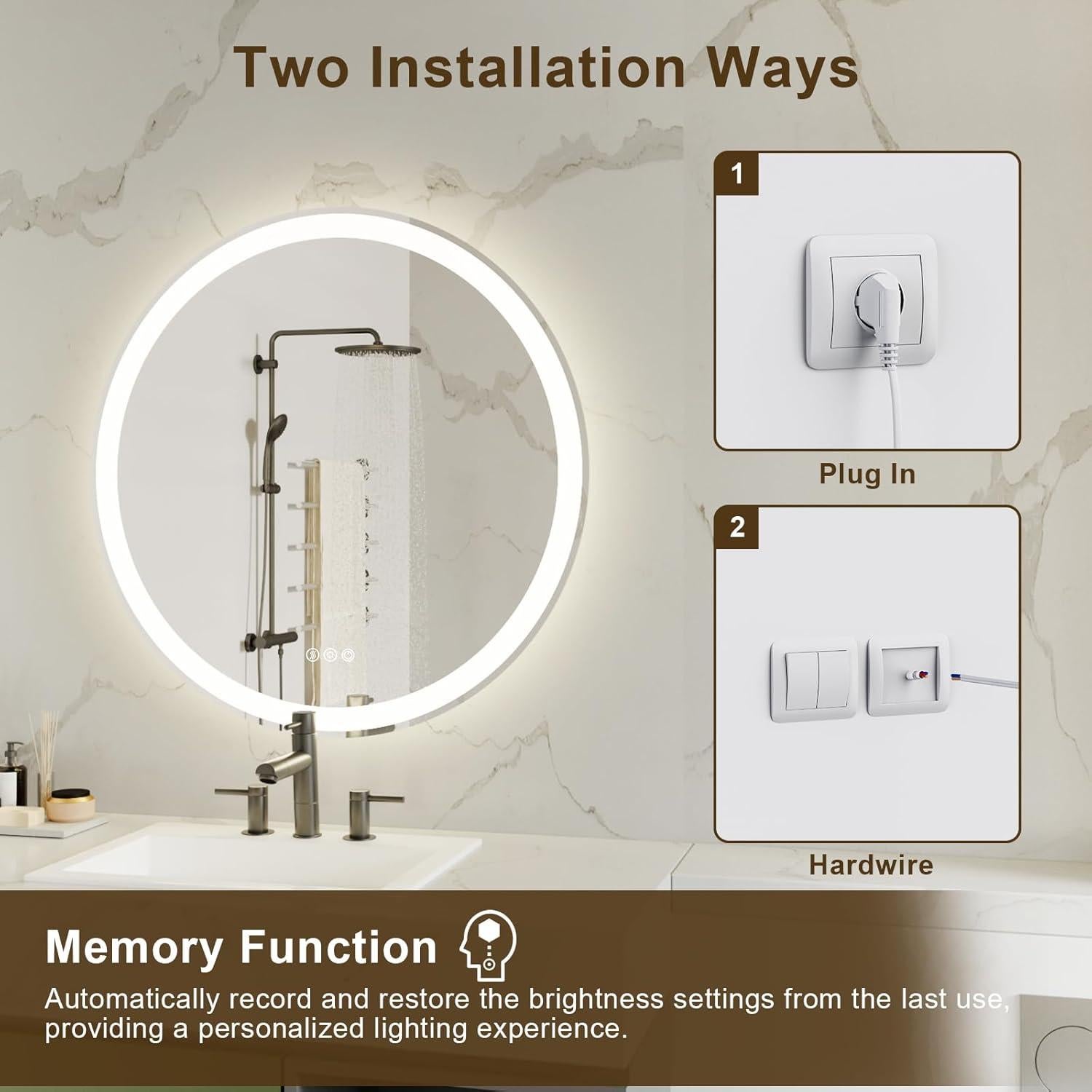 Espejo LED Redondo 91 cm WOSEKBATHAL con Luz Regulable y Anti-Vaho