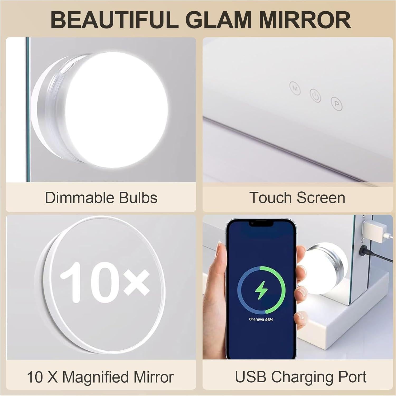 Espejo de Tocador YOURLITE 22.8" con Luces LED y Carga USB