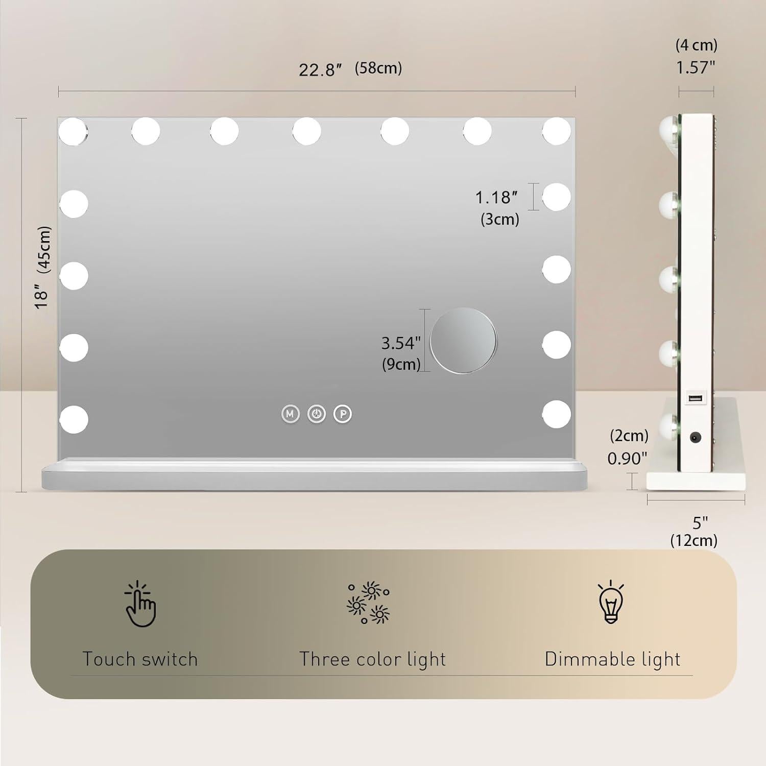 Espejo de Tocador YOURLITE 22.8" con Luces LED y Carga USB