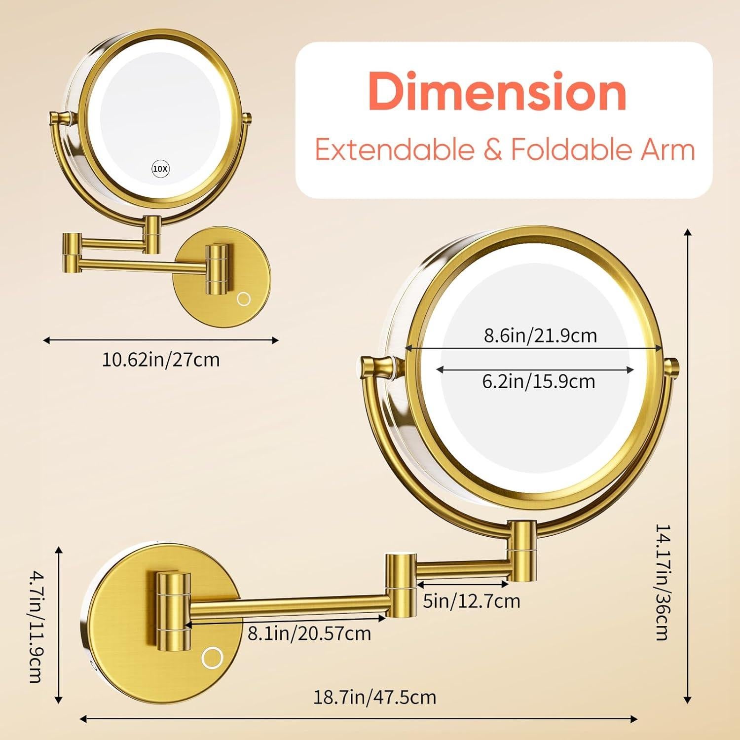Espejo de Maquillaje GURUN Montado en Pared con Luces LED 10x