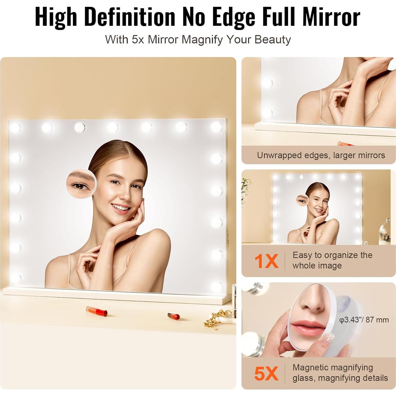 Espejo de Tocador VEVOR 80x60cm con Luces LED y Aumento 5X